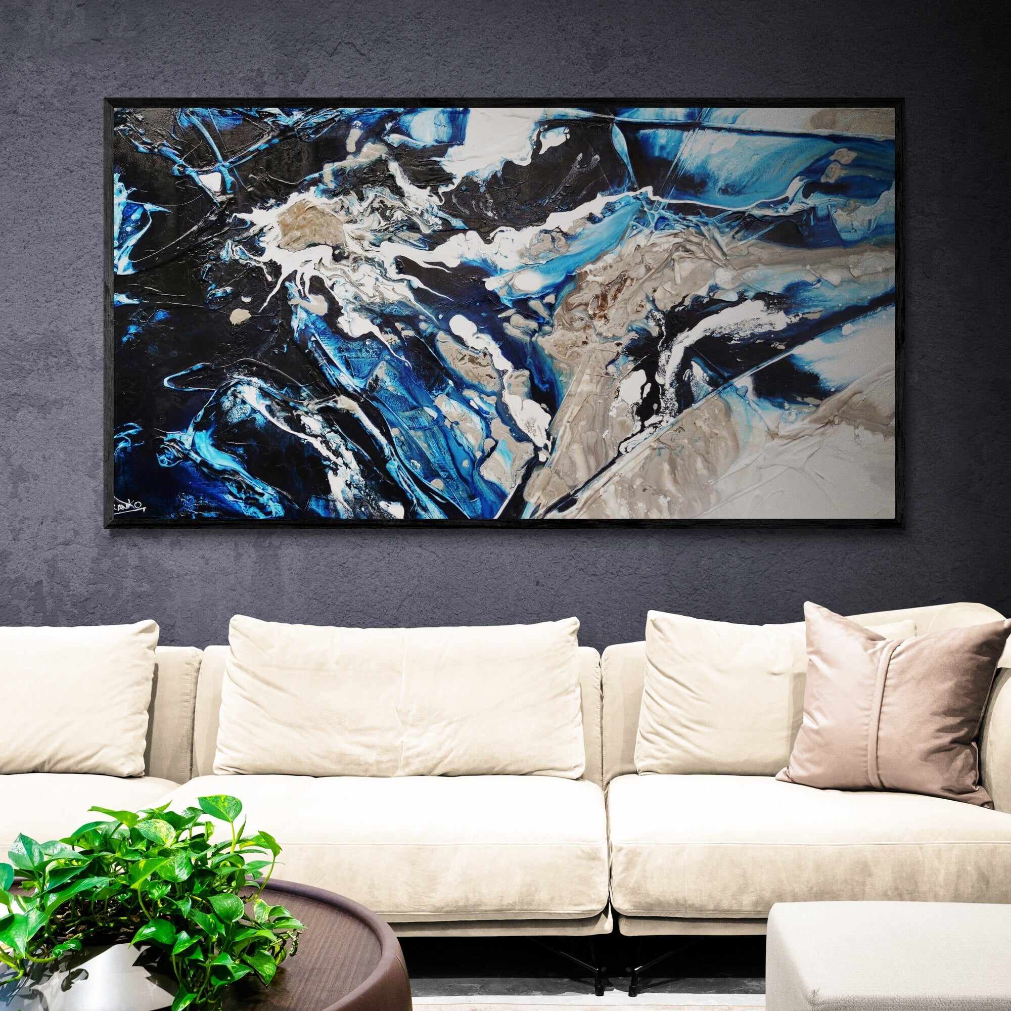 Midnight Flow 190cm x 100cm Black Blue Grey Textured Abstract Canvas Art - Modern Wall Decor for Living Room, Bedroom & Office