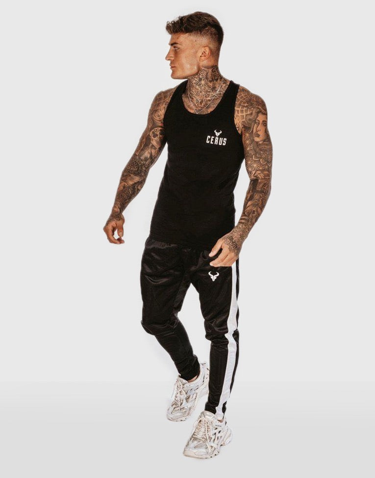 Cerus Black Stringer Vest for Men - Slim Fit Workout Tank Top with White Small Print Logo - Gym, Running & Athletic Wear