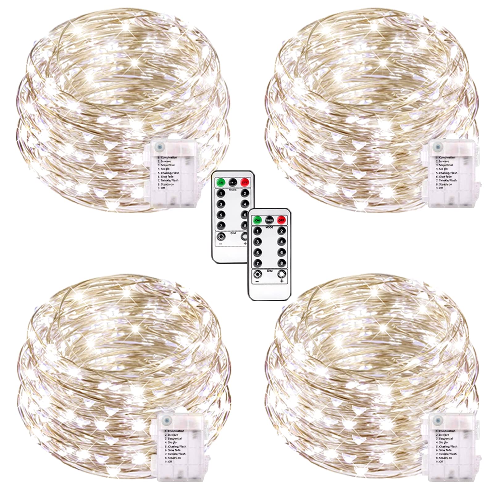Buways 4-Pack 75 LED 24.6ft Battery Operated Fairy String Lights with Remote Control - 8 Lighting Modes, Silver Wire Firefly Lights for Christmas Decorations, Bedroom, Party, Indoor & Outdoor Use (Cool White) - Perfect for Weddings, Gardens, Patios and Holiday Lighting