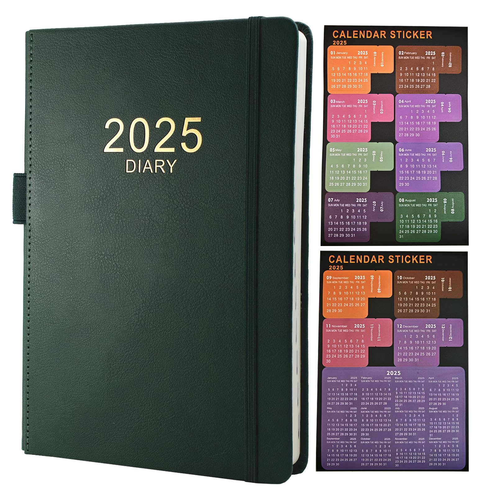 2025 A5 Daily Planner - Day Per Page from January to December 2025, Productivity Organizer with Monthly Tabs, Pen Loop & Inner Pocket, 21×14.5cm Green Diary - Perfect for Work, School & Personal Goal Tracking