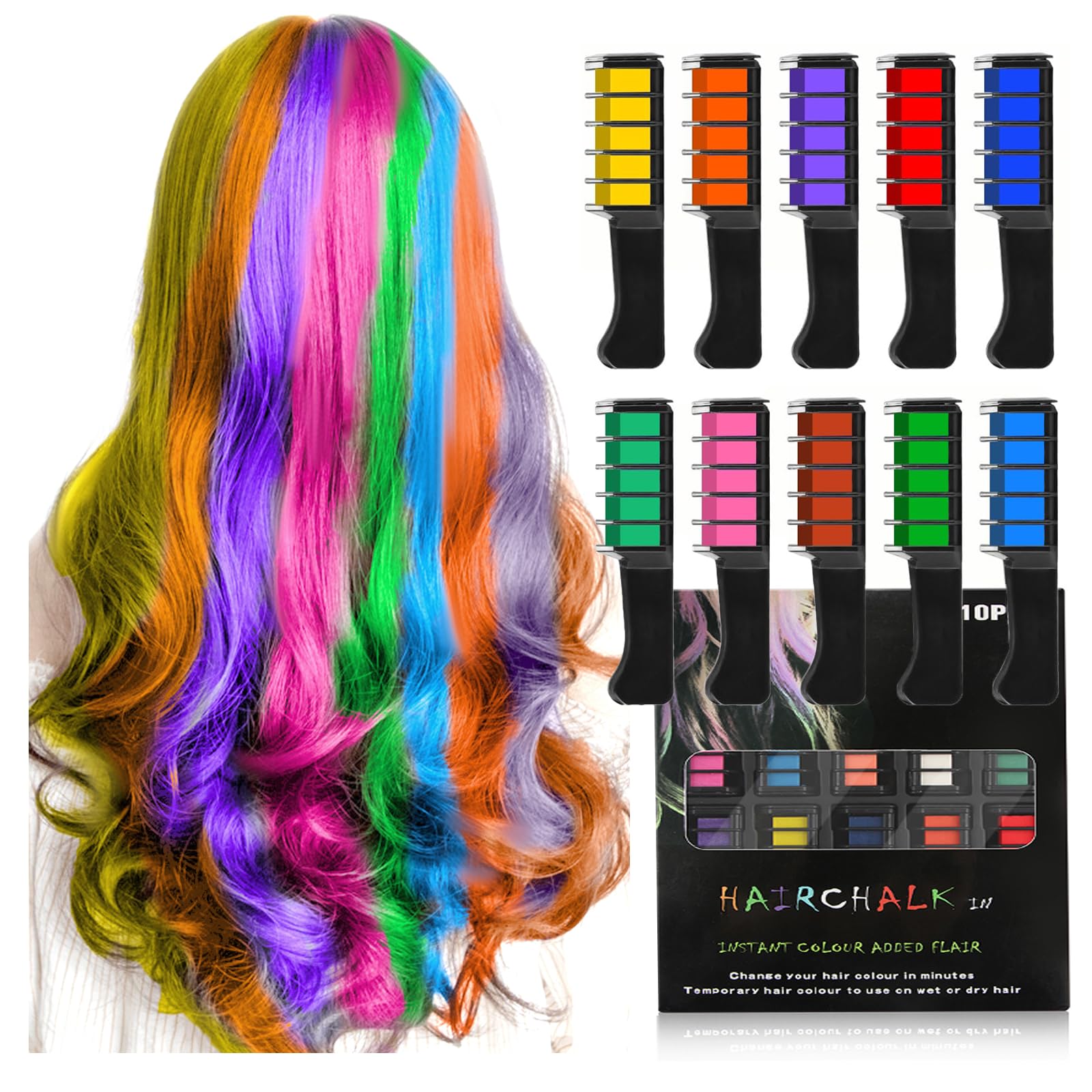 Vibrant Hair Chalk Comb - 10 Washable Temporary Hair Colors for Girls, Kids & Teens | Perfect for Parties, Birthdays, DIY Styling, Cosplay & Halloween Costumes | Safe, Non-Toxic & Easy to Apply Hair Dye