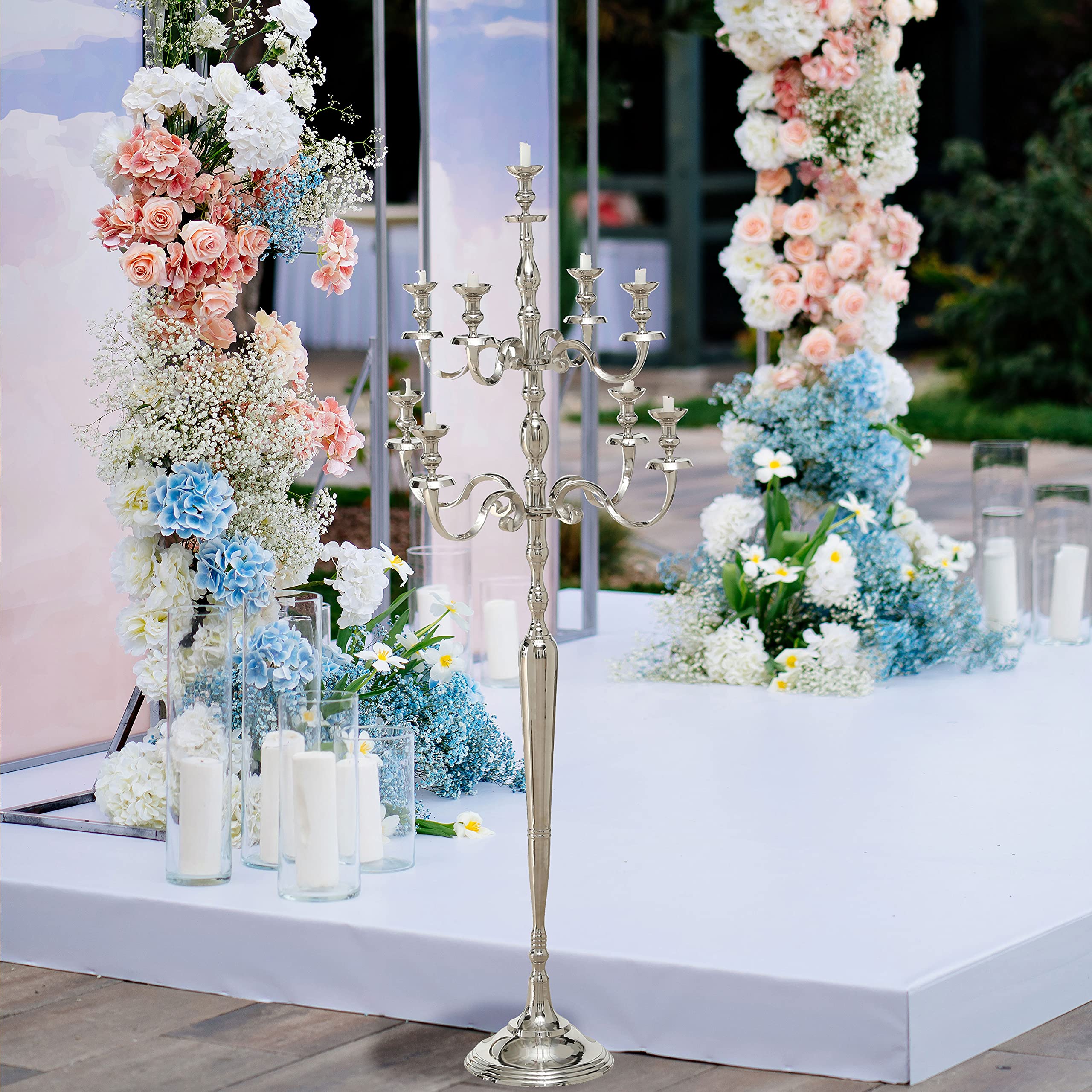 Handcrafted Silver Aluminum Nickel Hamptons Tall Nine Candle Candelabra - 6 Feet (71 Inches/180cm) Height - Elegant Centerpiece for Weddings, Dining Tables & Luxury Home Decor