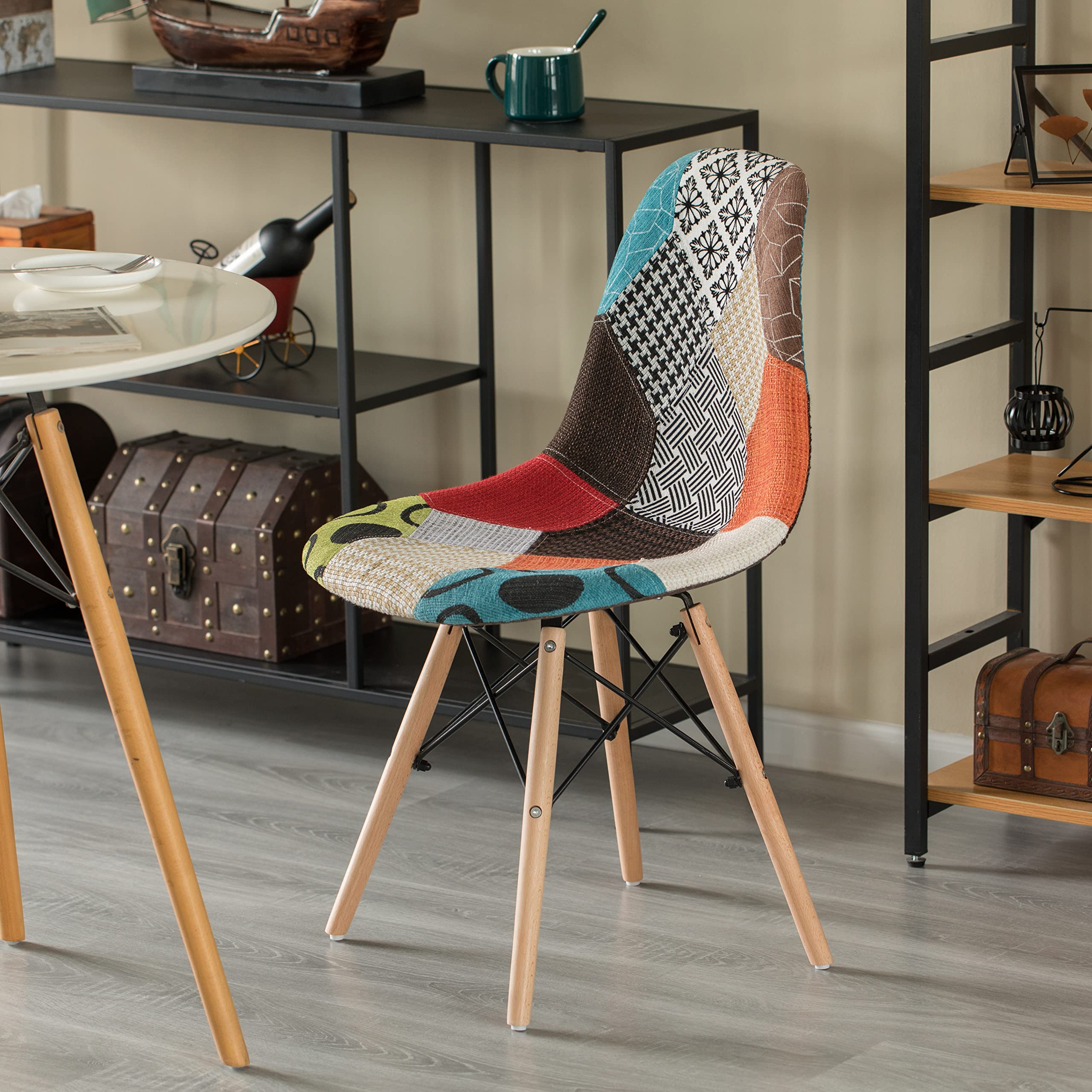 Modern Fabric Patchwork Chair with Wooden Legs - Set of 4 for Kitchen, Dining Room, Entryway & Living Room - Comfortable & Stylish Seating for Home Decor