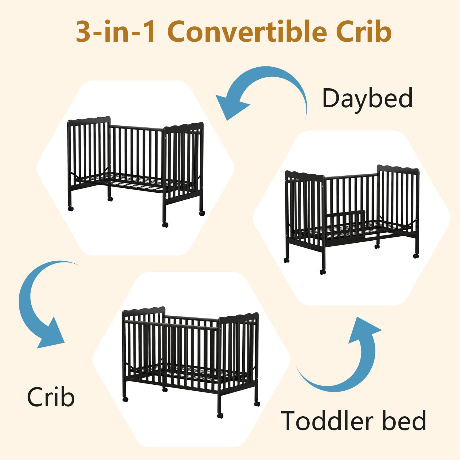 3-in-1 Convertible Baby Crib to Toddler Bed & Full Size Bed Frame - Safe & Adjustable Nursery Furniture for Newborns & Kids - Perfect for Small Spaces & Growing Families