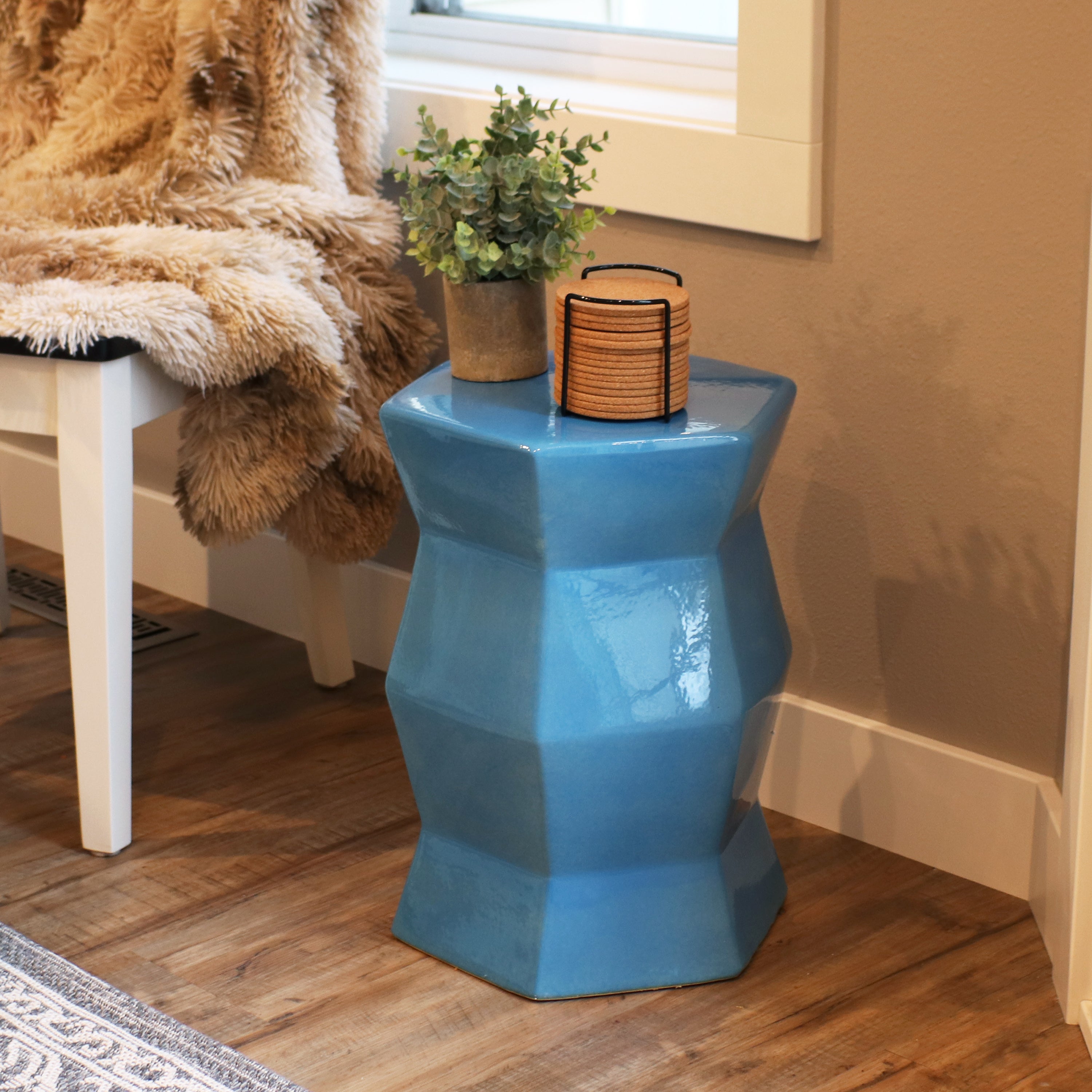 Modern Geometric Ceramic Garden Stool & Side Table - 17.25 Inch Outdoor Patio, Porch, or Balcony Decor - Handcrafted Home & Garden Accent Piece
