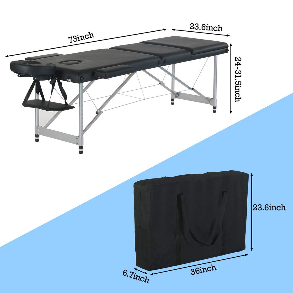 Portable Massage Bed - 84 Inch 3-Fold Adjustable Aluminum Salon Spa Table for Professional Massage & Facial Treatments | Perfect for Home, Salon & Mobile Spa Services (Black)