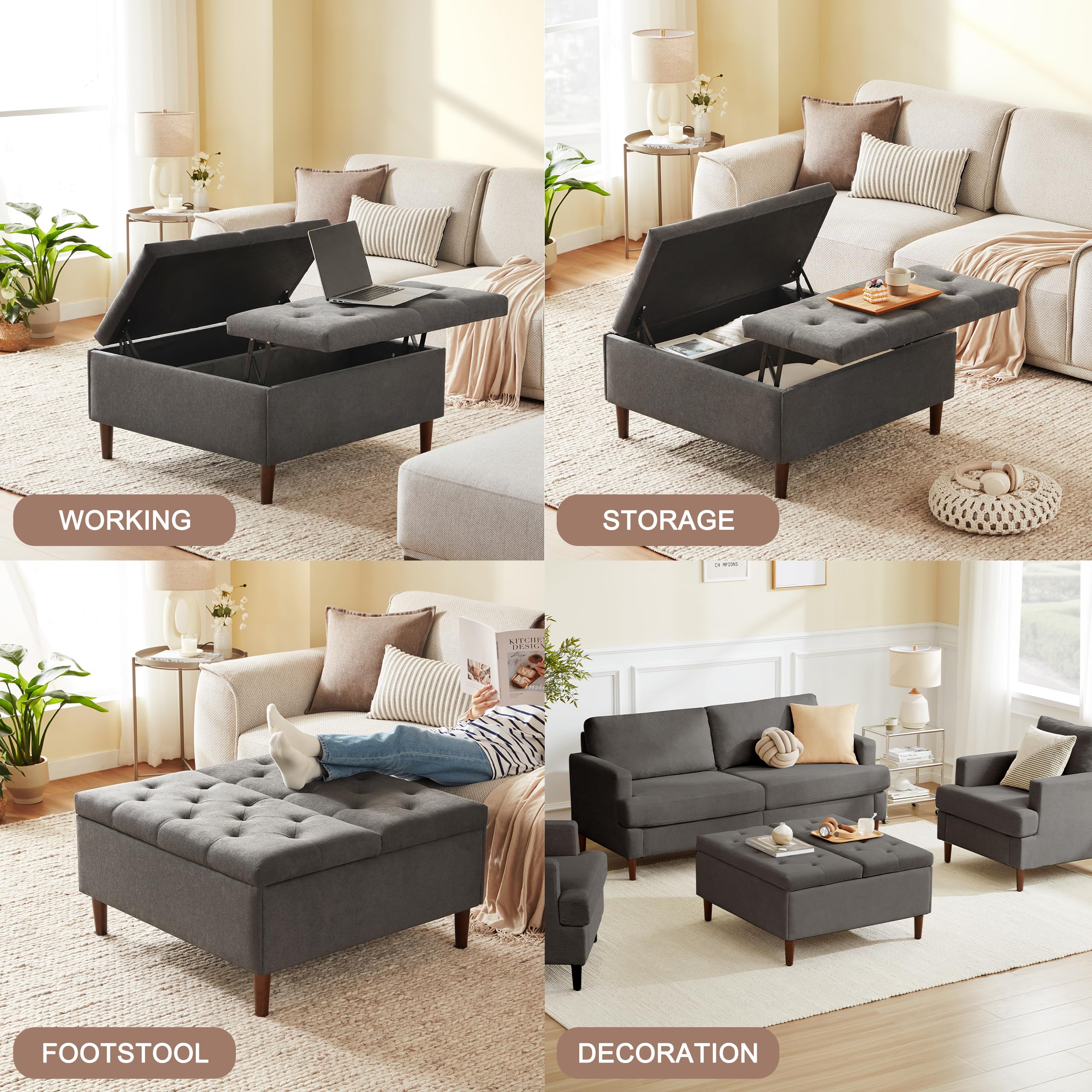 35 Inch Extra Large Storage Ottoman Coffee Table - Oversized Square Tufted Upholstered Ottoman with Hidden Storage | Dark Grey Fabric Ottoman Bench for Living Room, Bedroom & Home Office | Perfect for Extra Seating, Blanket Storage & Footrest