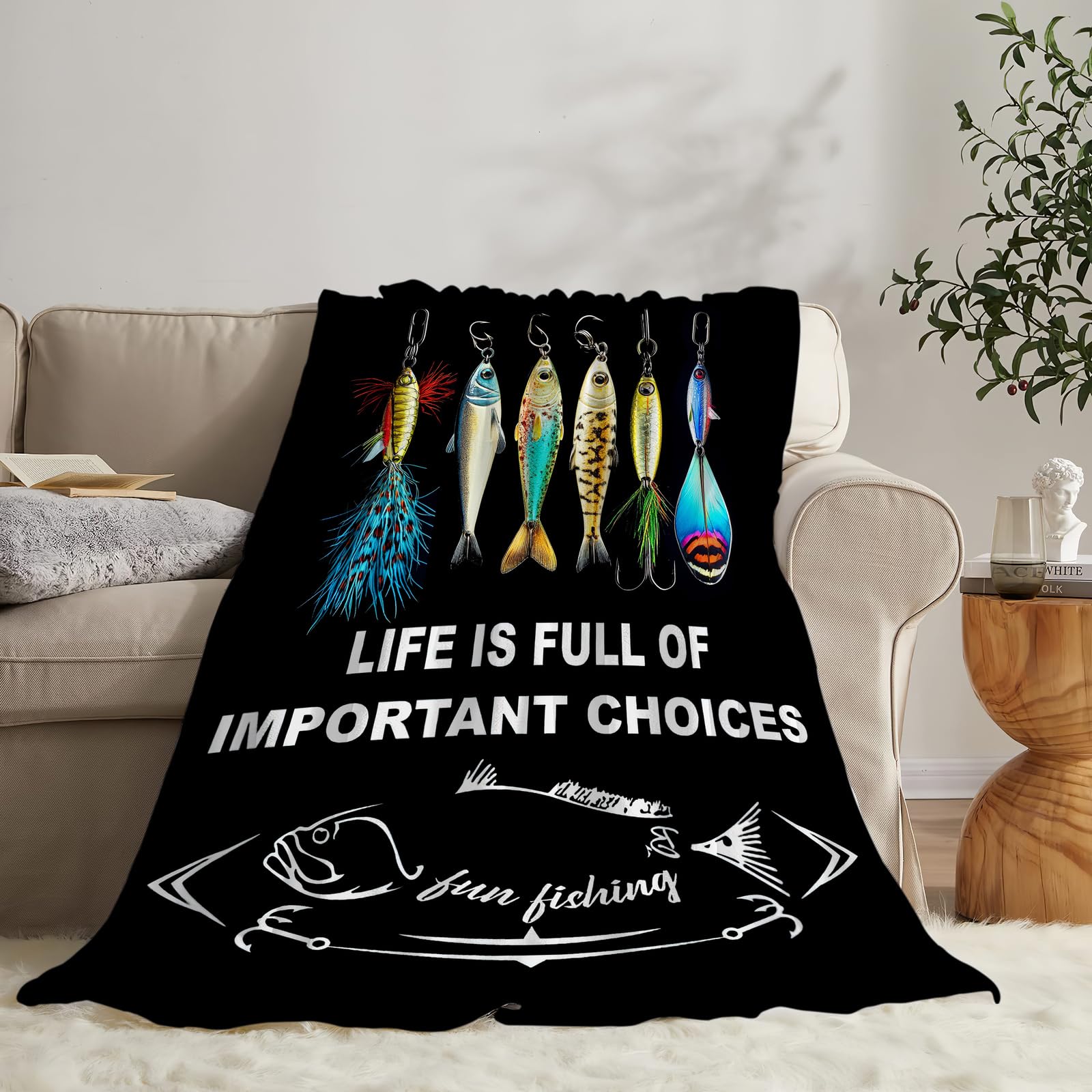 Premium Soft Fleece Fishing Blanket - Ultra Warm & Cozy Plush Throw for Men & Women - Lightweight & Fuzzy Fish Design - Perfect for Couch, Sofa, Bed & Outdoor Camping - 50