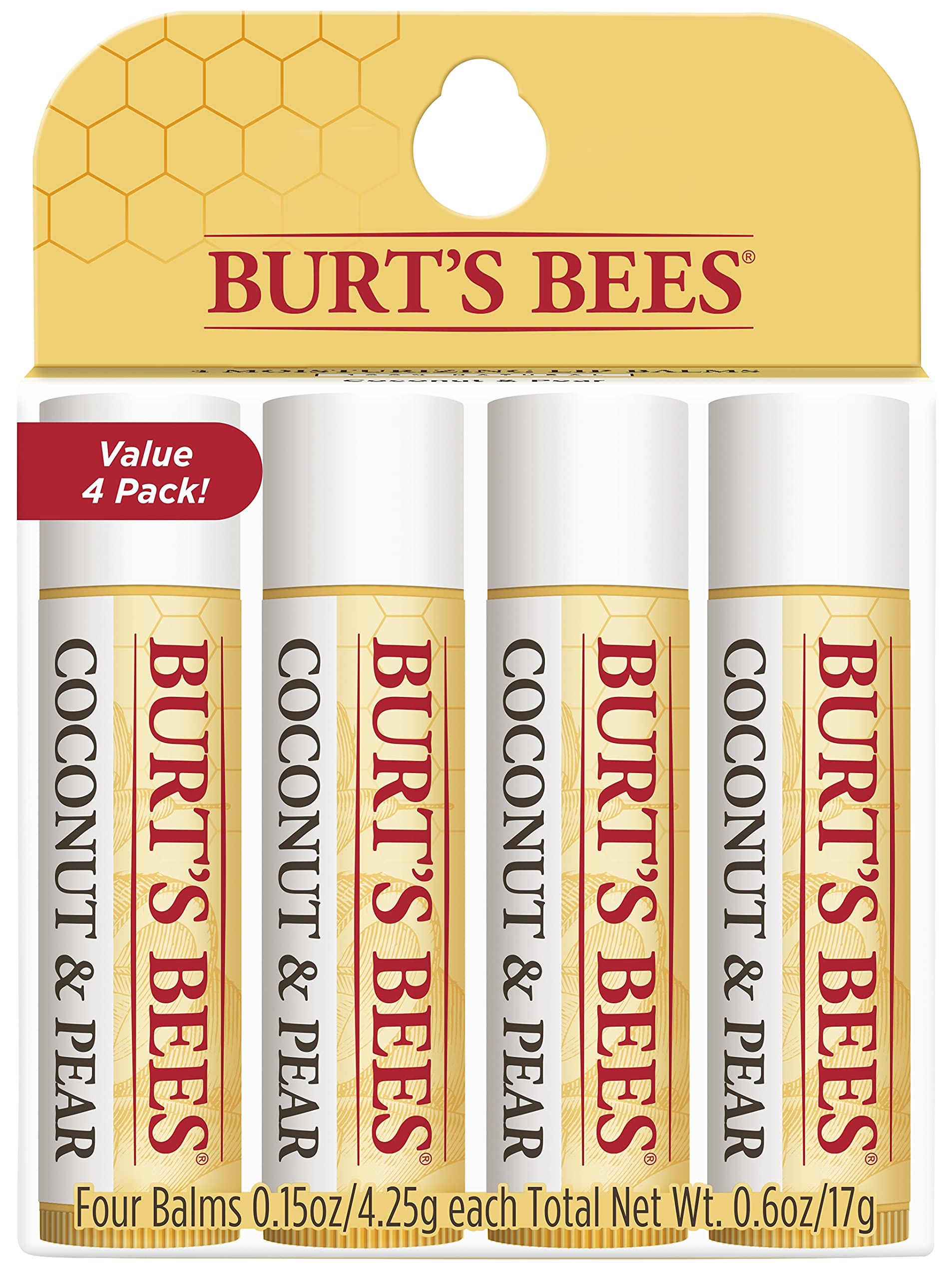 Burt's Bees 100% Natural Coconut & Pear Lip Balm with Beeswax & Fruit Extracts - 4 Pack Hydrating Moisturizer for Dry Lips | Perfect for Winter Care, Daily Use & On-The-Go Hydration