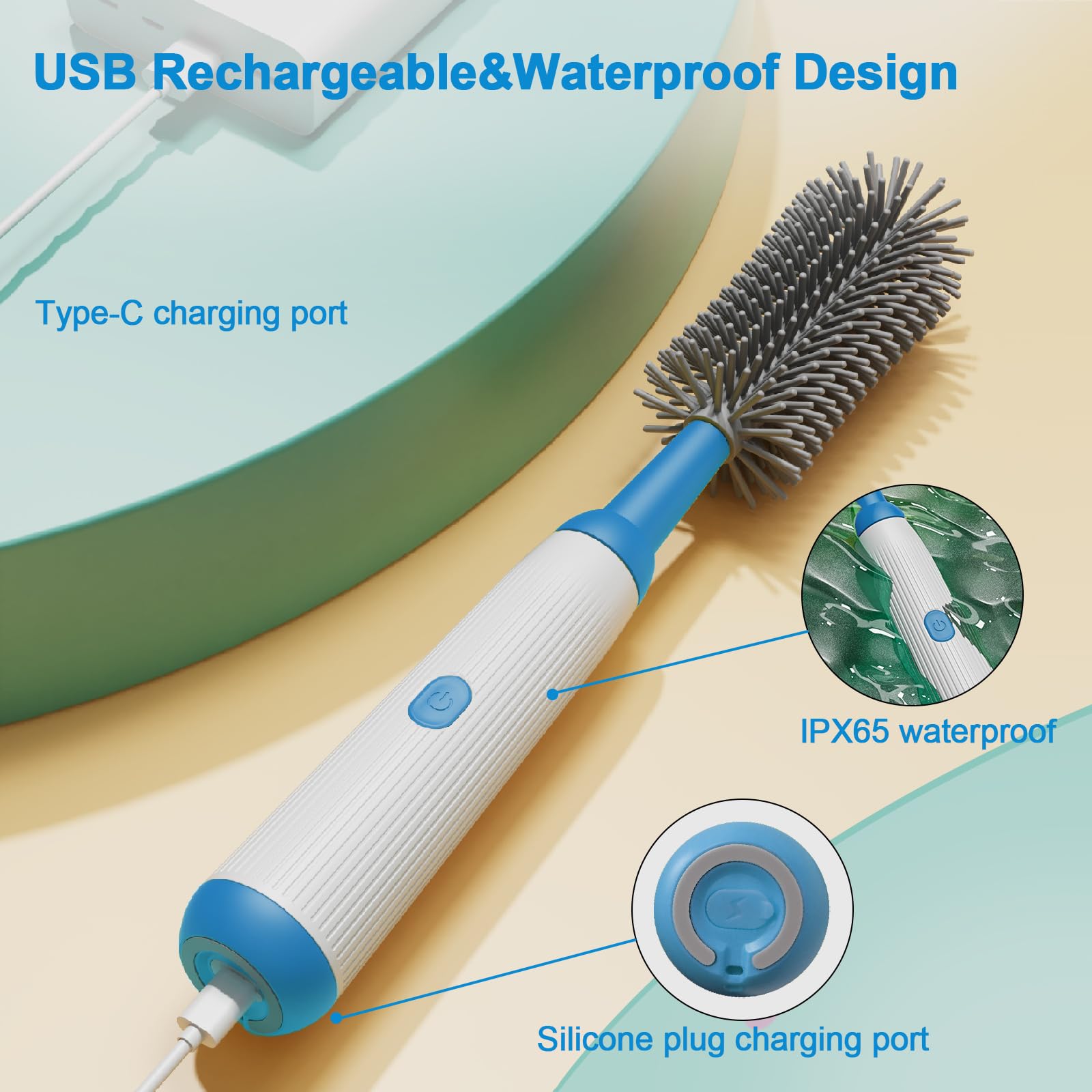 Electric Baby Bottle Brush Cleaner Set - Waterproof 1500mAh Rechargeable Silicone Brush for Bottles, Pacifiers & Straws | 4-Piece Multifunctional Cleaning Kit for New Moms (Blue) | Perfect for Nursery, Travel & Quick Cleaning