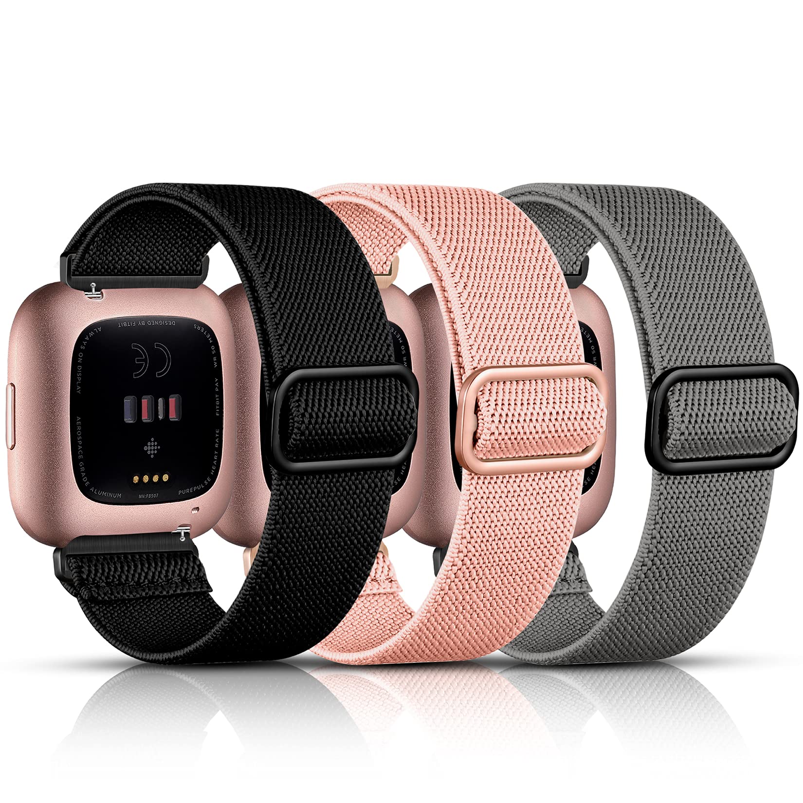 3 Pack Elastic Replacement Bands for Fitbit Versa 2/Versa - Adjustable Nylon Solo Loop Strap Compatible with Women & Men (Black/Gray/Orange Pink) - Perfect for Workouts, Running & Daily Wear