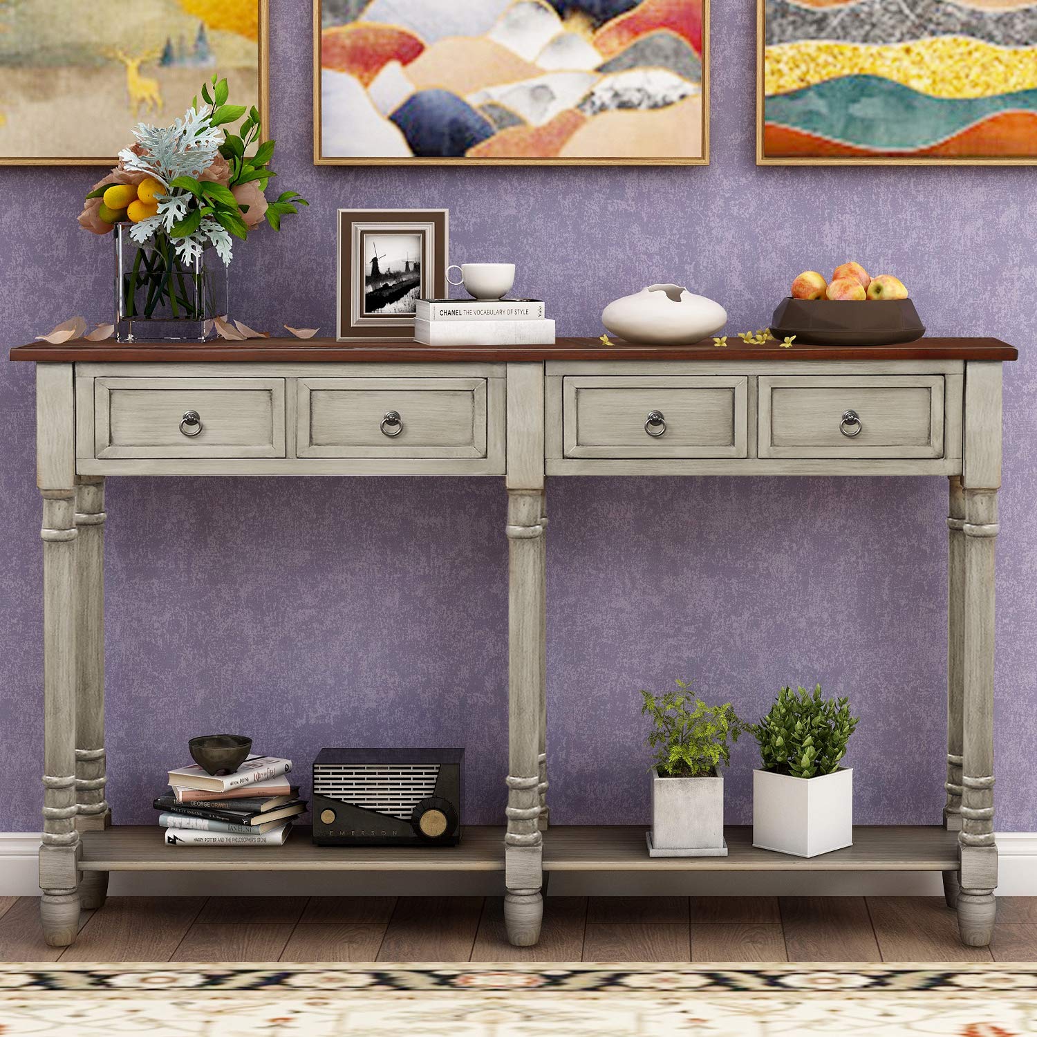 Solid Wood Console Sofa Table with 2 Large Storage Drawers, Rustic Entryway Table with Open Shelf - Modern TV Stand for Living Room, Bedroom & Entryway (Gray, Large) - Perfect for Small Space Organization & Home Decor