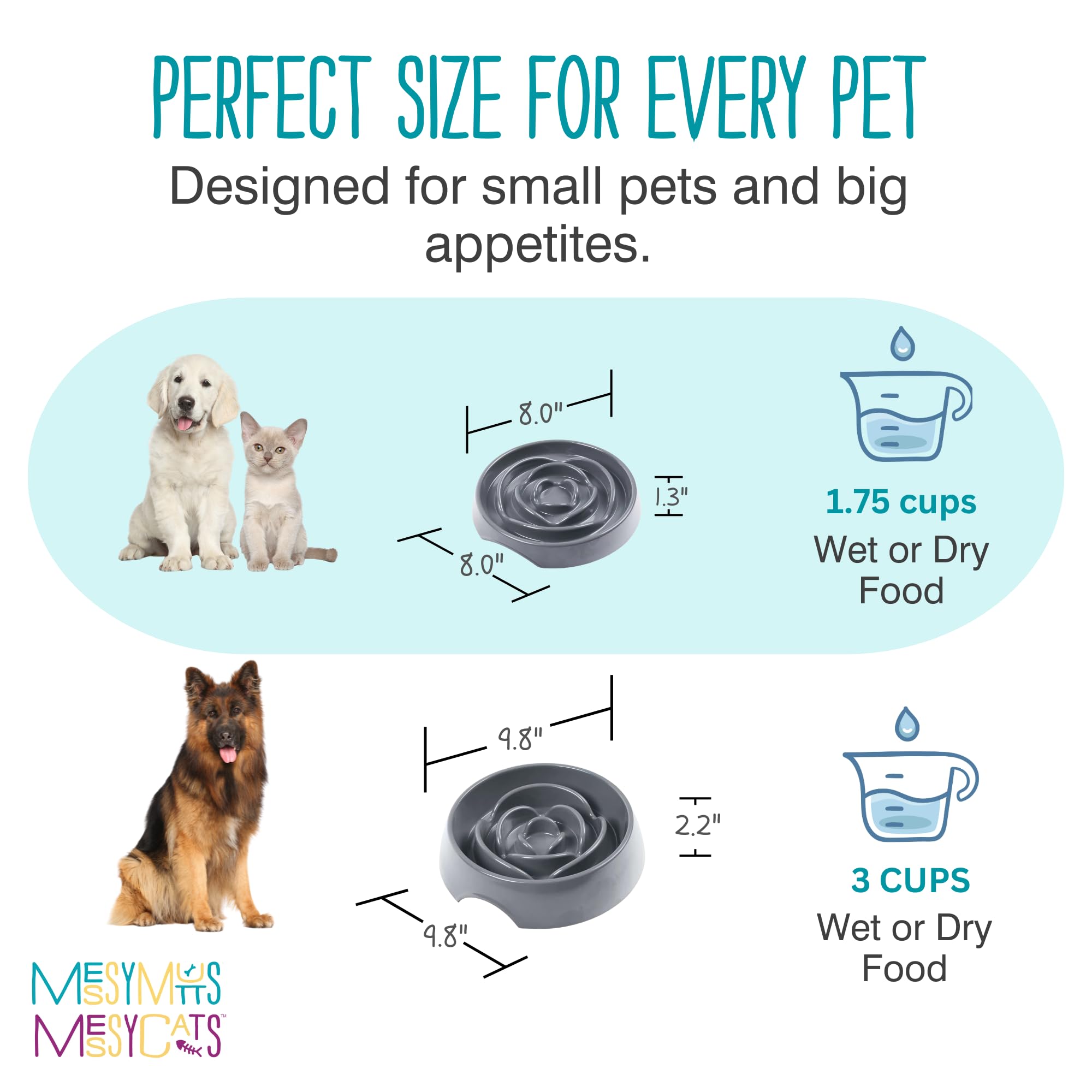 Messy Mutts Interactive Slow Feeder Dog Bowl - Puzzle Feeder for Dogs & Cats to Prevent Bloating & Aid Digestion - 8” x 1.3” Enrichment Food Dish Holds 1.75 Cups - Cool Grey - Perfect for Fast Eaters & Pets with Anxiety During Mealtime