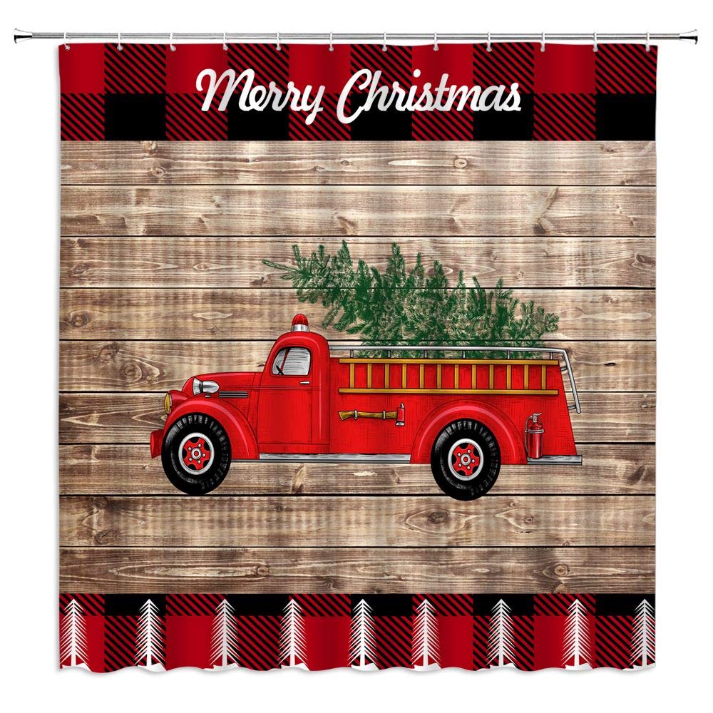 Vintage Christmas Red Truck Shower Curtain - Rustic Farmhouse Holiday Decor with Pine Tree & Buffalo Check Plaid Design - Waterproof Bathroom Curtain with Hooks for Winter Xmas Decorations (Perfect for Bathroom, Kitchen, RV, and Cabin Decor)