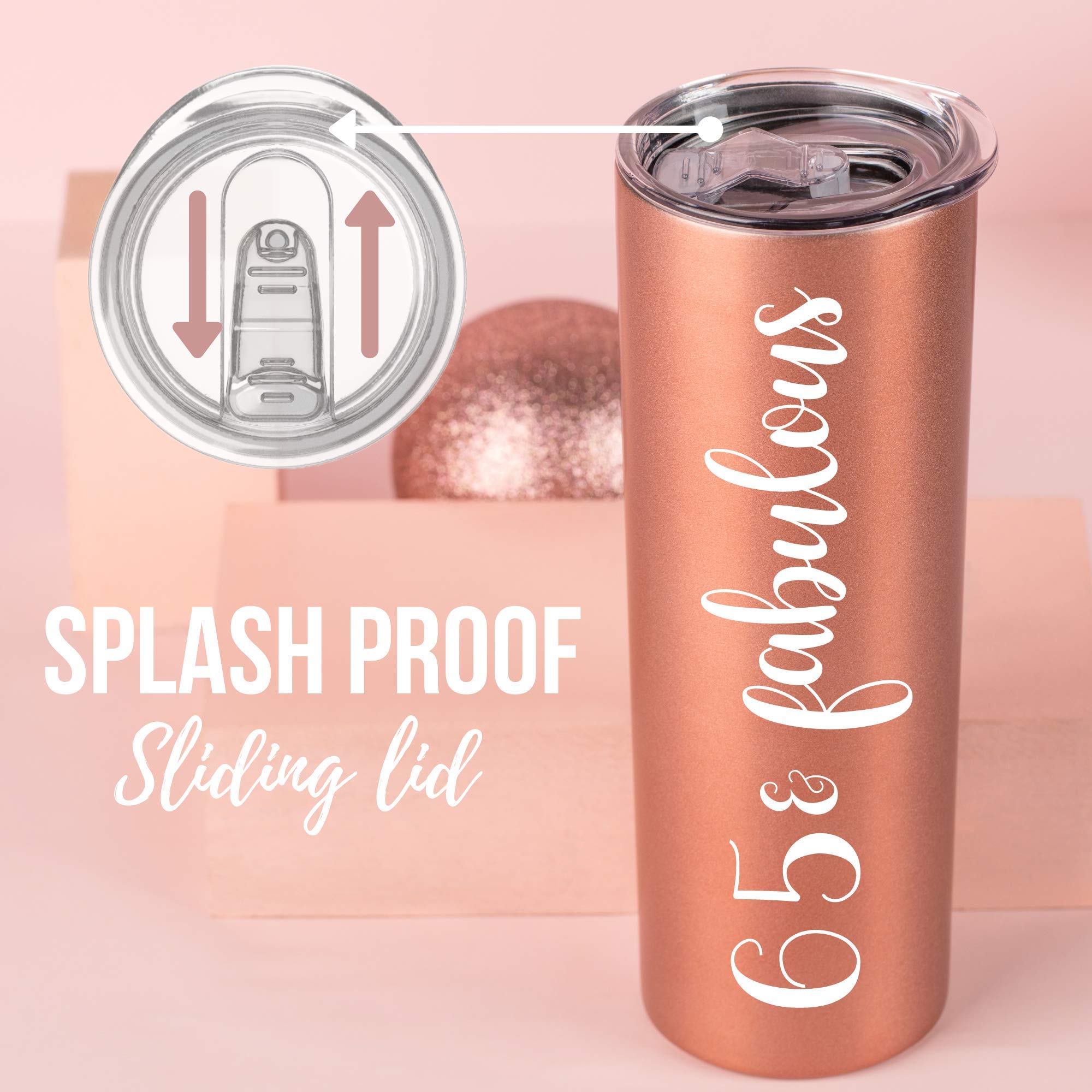 65th Birthday Gifts for Women - 20oz Insulated Stainless Steel Skinny Wine Tumbler | Rose Gold | Perfect for Mom, Best Friend, Sister, Aunt, Wife & Coworkers | Great for Wine, Cocktails & Outdoor Parties