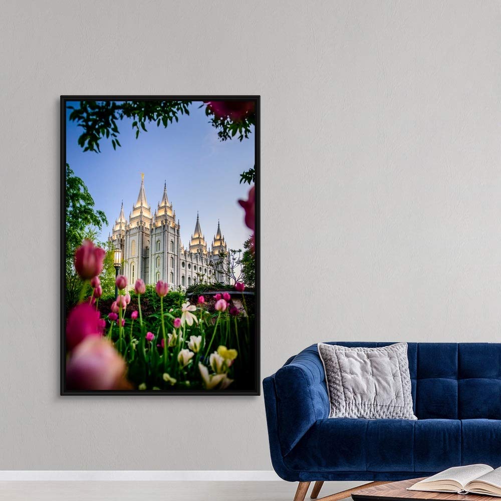 Salt Lake Temple with Tulips - Black Float Frame Canvas Wall Art - Utah Landscape Painting - Perfect for Home Decor, Office & Gift Giving