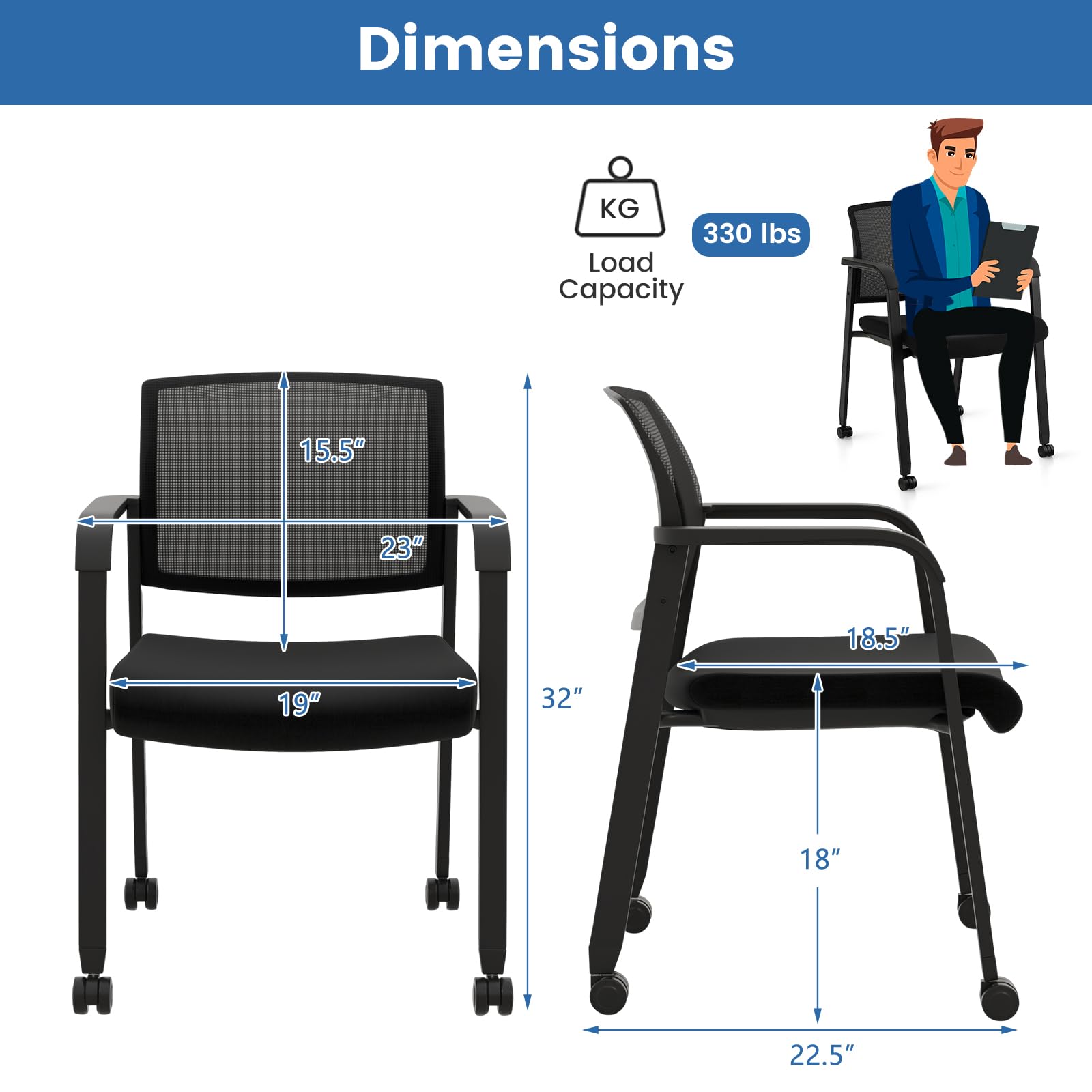 Tangkula 2-Pack Rolling Conference Room Chairs - Stackable Office Guest Chairs with Breathable Mesh Back, Adjustable Armrests & Smooth PU Wheels - Perfect for Business Meetings, School Classrooms, Hotel Lobbies & Waiting Areas - Black