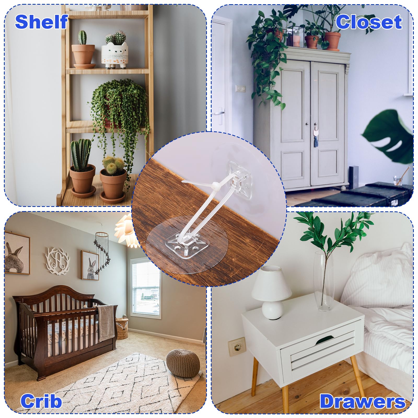 30pcs No Drill Furniture Anchors & Anti-Tip Straps - Heavy Duty Adhesive Wall Anchors for Baby Proofing, Child Safety, and Furniture Security (Perfect for Dressers, Bookshelves, TV Stands & Nursery Furniture)