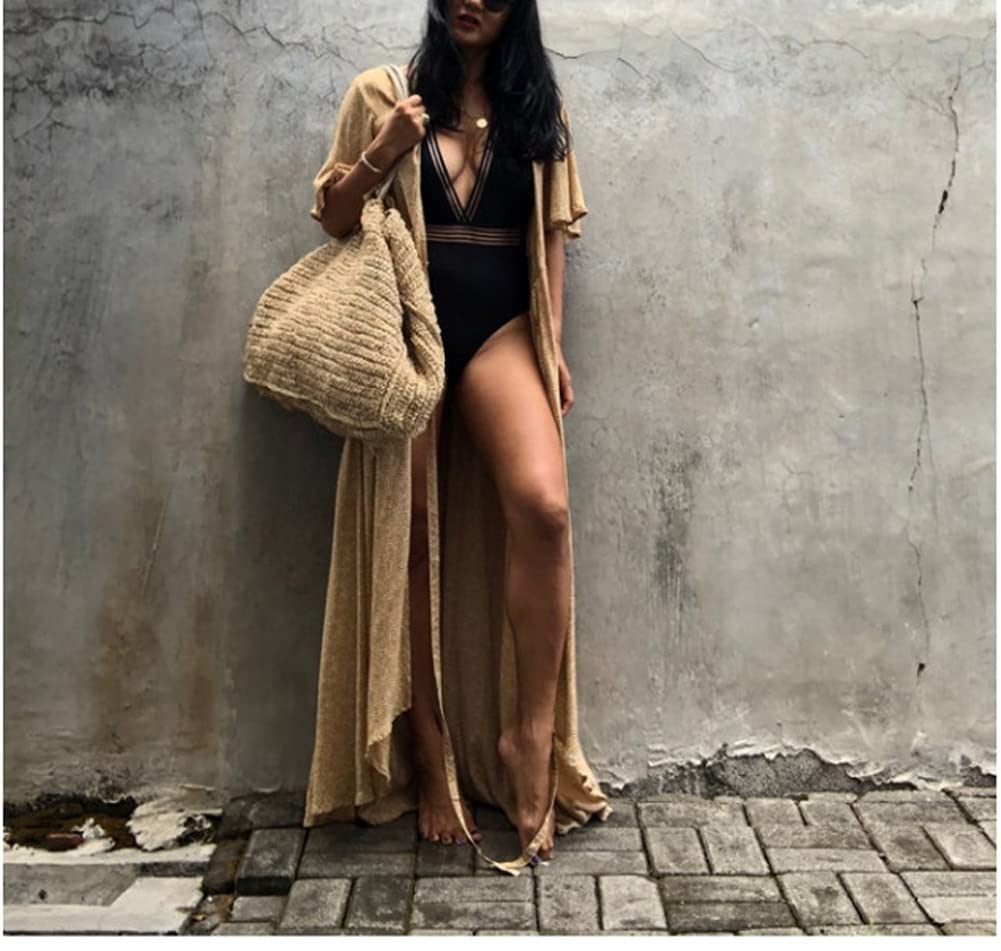 Plus Size Women's Sun Protection Beach Cover Up - Long Sleeve Cardigan Kaftan Dress with Corset Tie for Swimwear, Poolside & Summer Outings