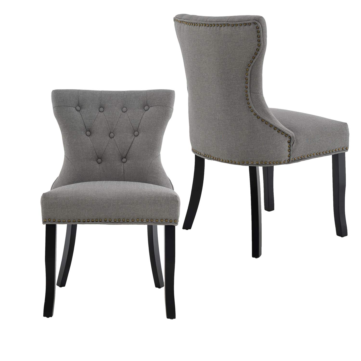 Homy Grigio Button Tufted Fabric Dining Chairs Set of 2 - Elegant Living Room Chairs with Nailhead Trim & Solid Wood Legs (Gray) - Perfect for Dining Room, Kitchen, or Home Office Seating