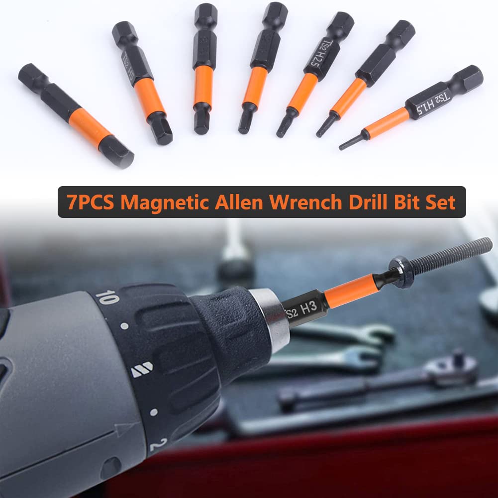 7PCS Magnetic Allen Wrench Drill Bit Set - H1.5 to H6 Metric Impact Hex Head Screwdriver Bits - 1/4 Inch Hex Shank S2 Steel (2 Inch/50mm Length) - Perfect for Automotive Repairs, Furniture Assembly & DIY Projects