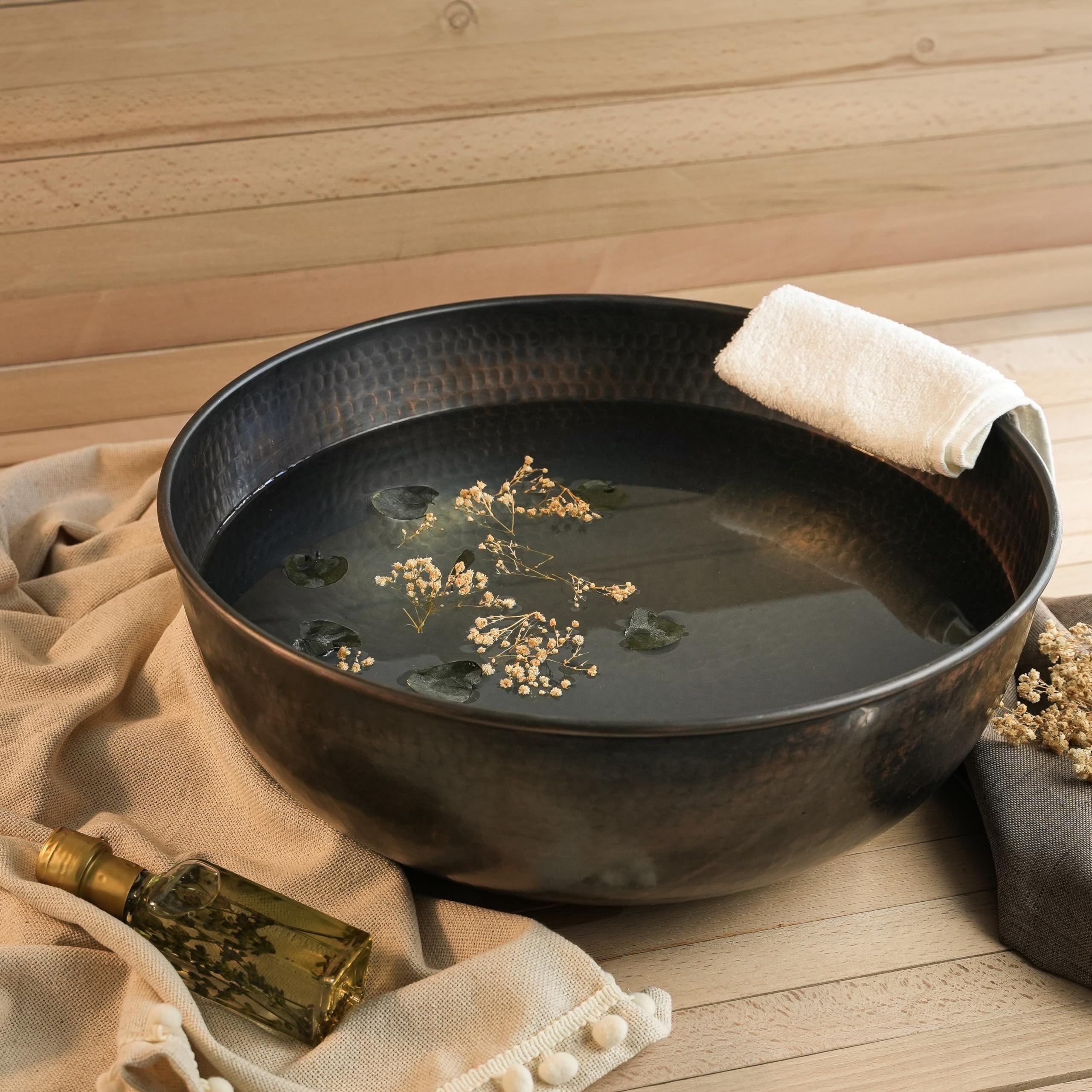 Handmade Hammered Copper Pedicure Bowl - 14 Inch Large Foot Soaking Basin for Spa & Home Relaxation | Portable Pedicure Tub for Self-Care & Gift | 100% Pure Solid Copper (Dark Copper) | Perfect for At-Home Spa Days, Pedicures & Foot Therapy