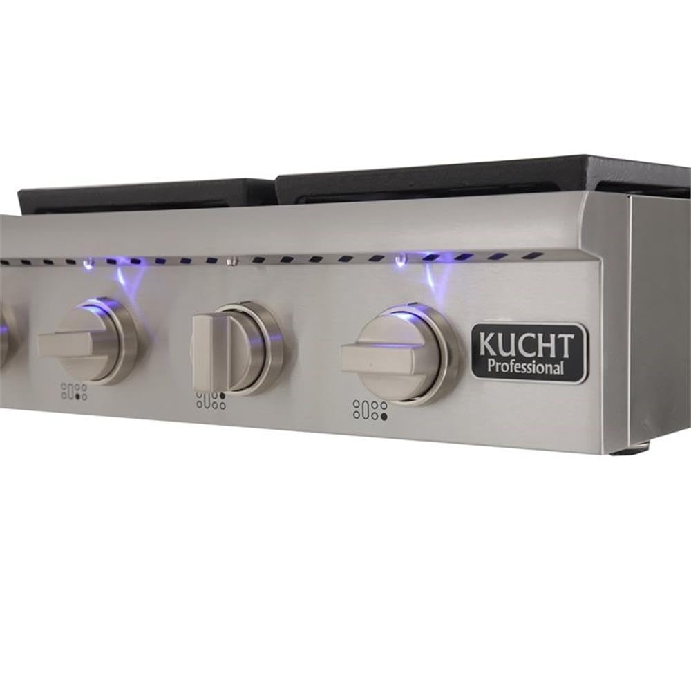 Kucht KRT481GU-S 48 Inch Professional Natural Gas Range Top with Sealed Burners & Stainless Steel Griddle - Classic Silver Knobs | Perfect for Commercial Kitchens, Restaurants & Home Chefs