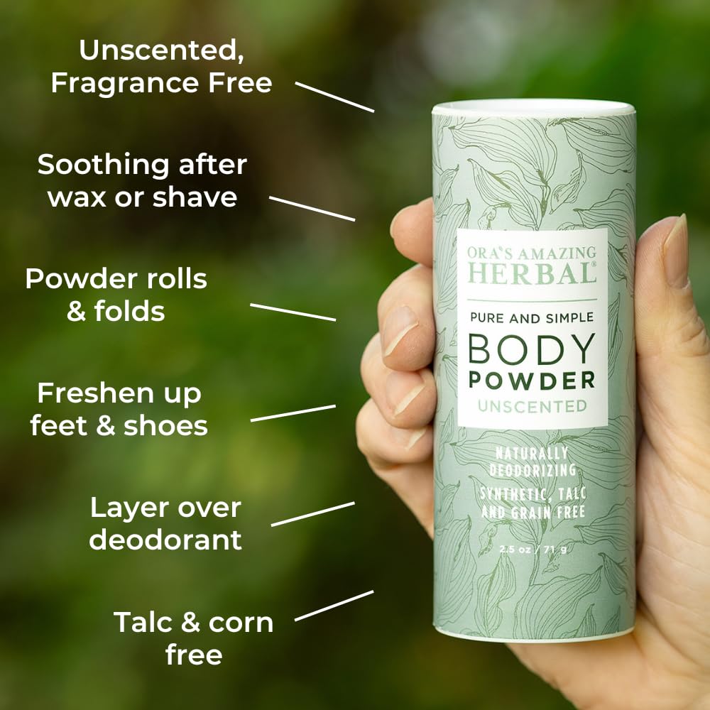 Fragrance-Free Body Powder for Women & Men | Unscented Talc-Free Dusting Powder | Cornstarch-Free for Waxing, Sugaring & Foot Care | Natural Dry Shampoo | Made in USA | Ora’s Amazing Herbal 2.5 oz – Ideal for Post-Waxing, Gym Bags & Daily Freshness