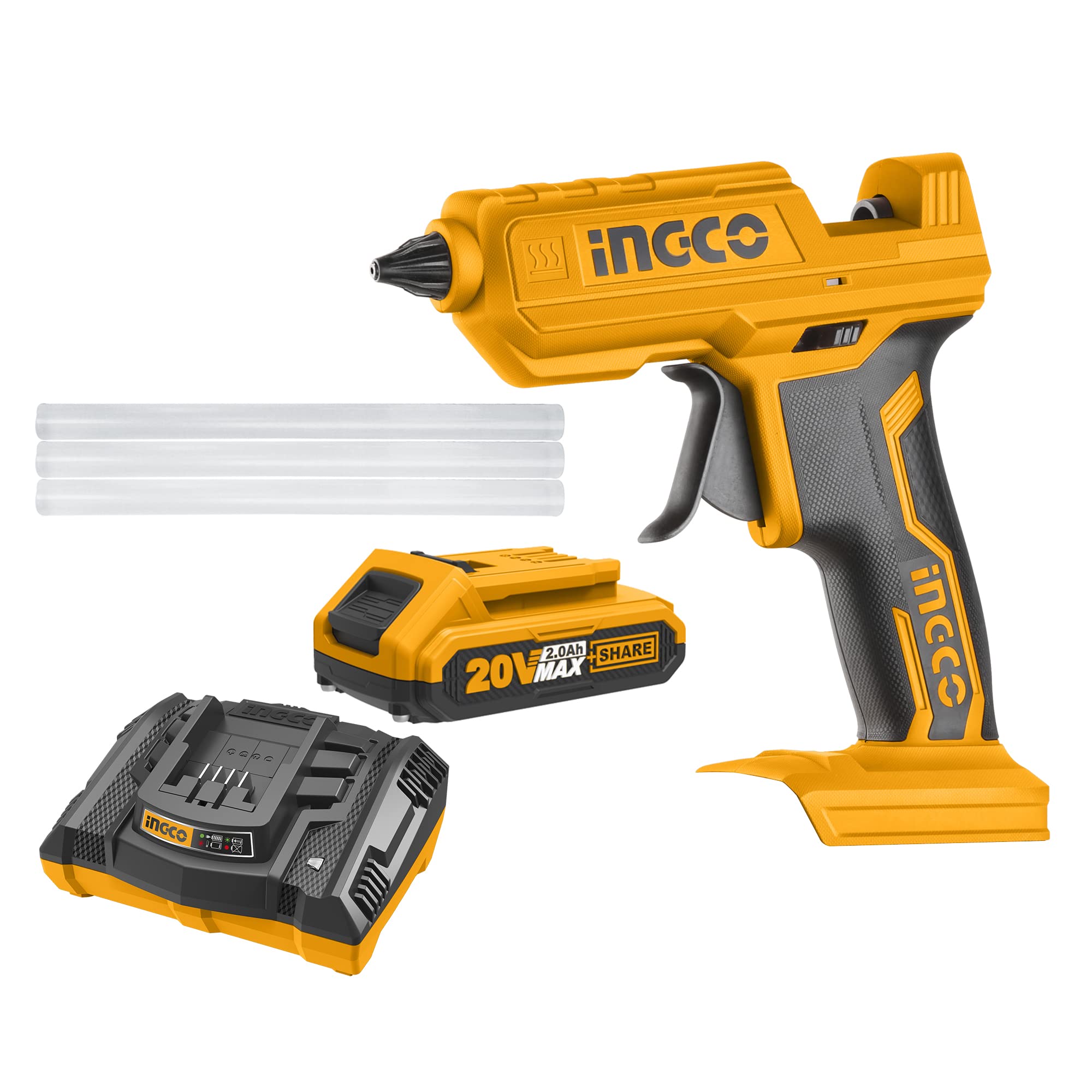INGCO 20V Cordless Glue Gun Kit with Battery & Fast Charger - Includes 3 Glue Sticks for DIY Crafts, Home Repairs, and Quick Fixes | 1 Hour Charging Time | Perfect for Woodworking, Scrapbooking & Holiday Decorations