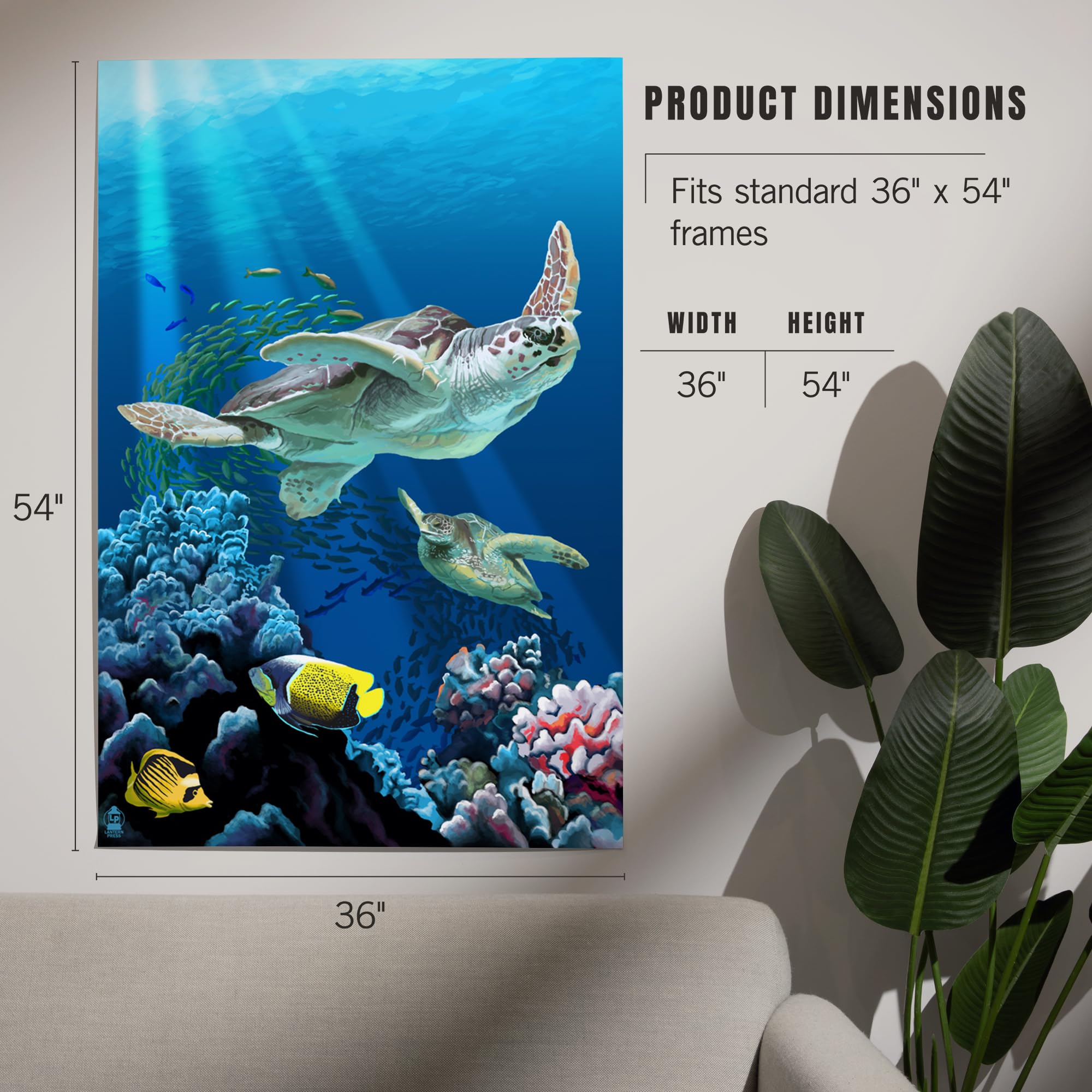 Lantern Press 36x54 Inch Giclee Art Print - Sea Turtle Swimming Underwater Ocean Wall Decor - Perfect for Beach House, Living Room & Coastal Themed Home Decor