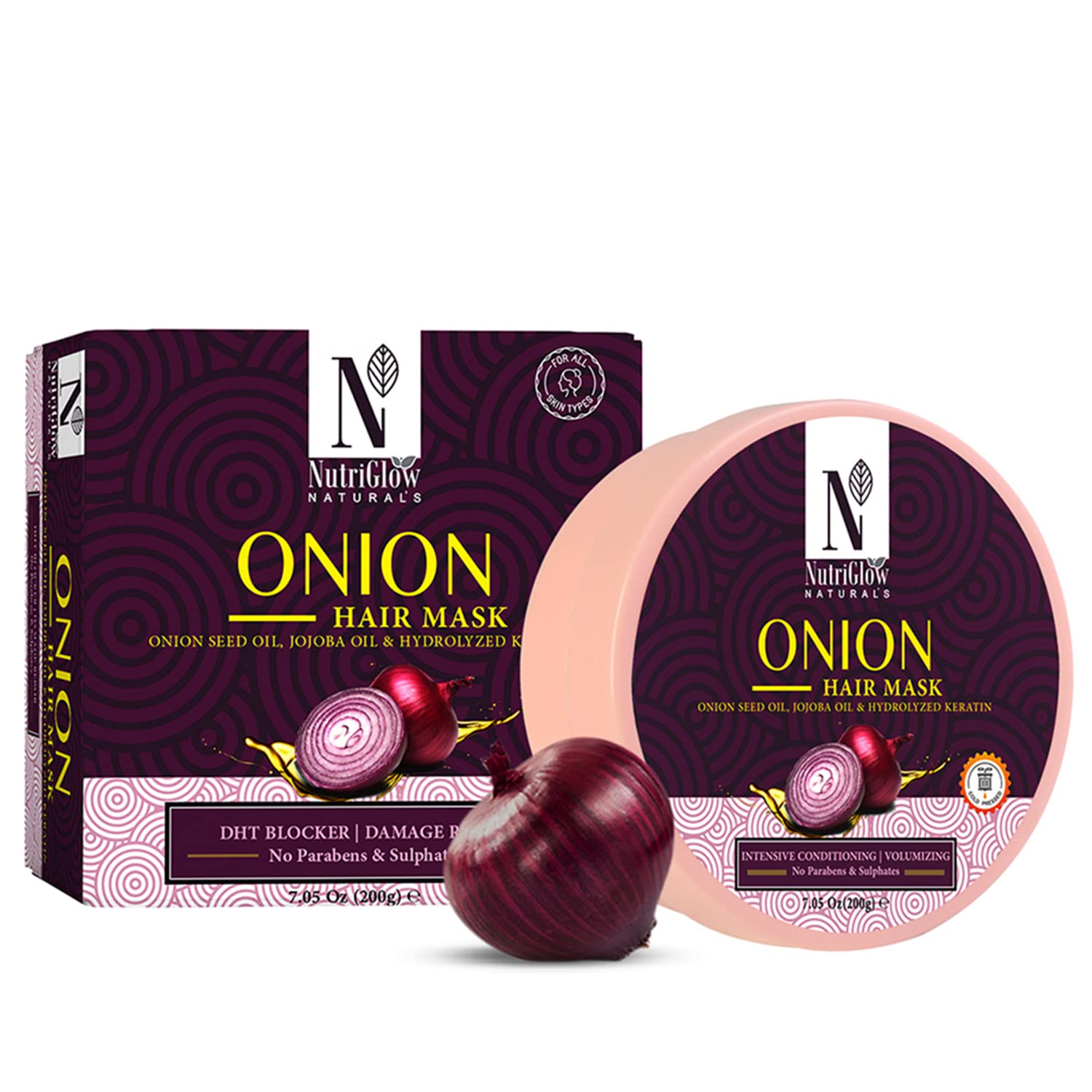 NutriGlow NATURAL'S Onion Hair Mask - Deep Conditioner Treatment for Dry, Damaged & Frizzy Hair | Stimulates Hair Growth | Instantly Shiny & Manageable Hair | Sulfate-Free | 200g | Perfect for Daily Hair Care & Salon-Quality Treatment at Home