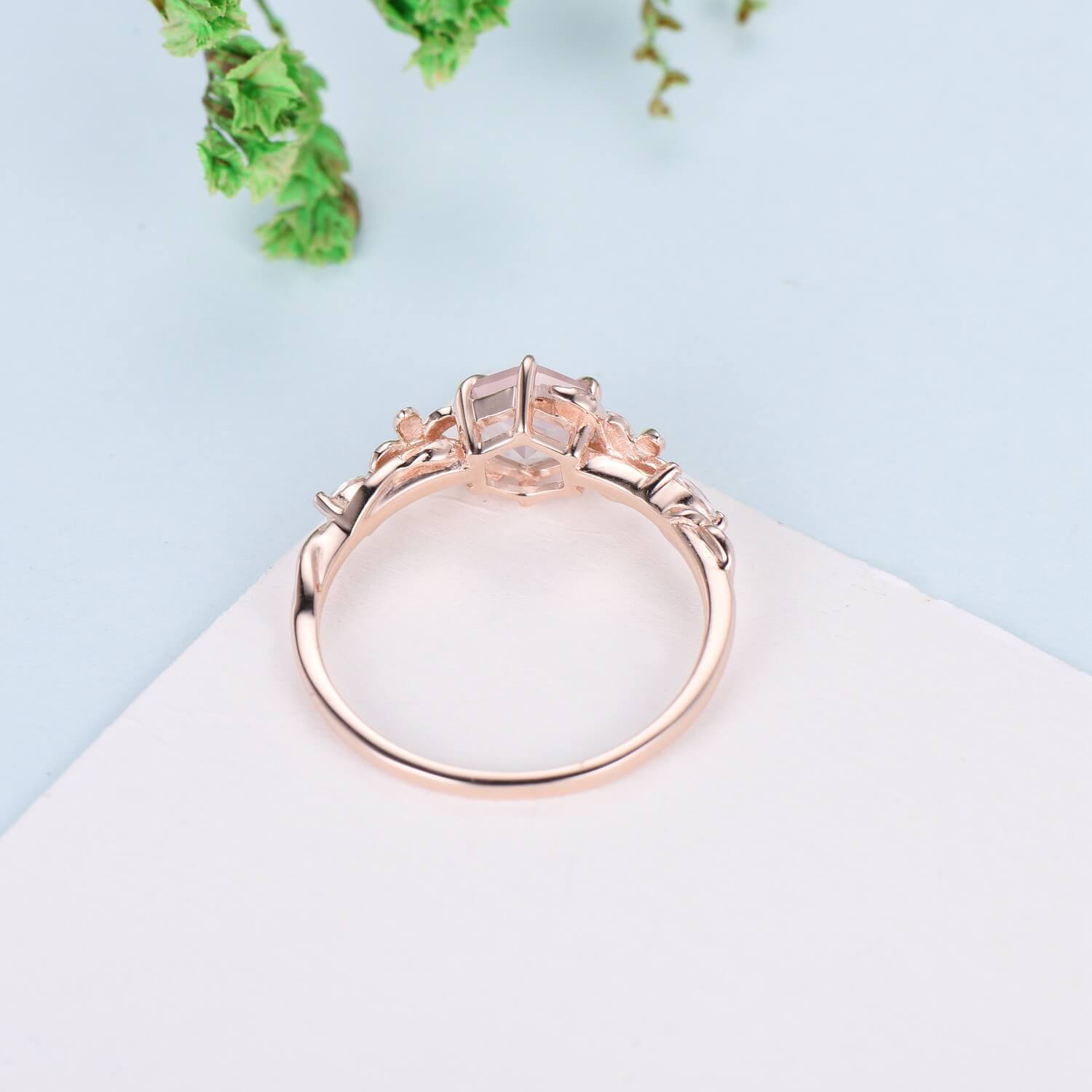 Vintage Nature-Inspired Rose Quartz Engagement Ring for Women - Unique Pink Tourmaline Wedding Band with Twisted Leaves Design | Perfect for Boho, Retro & Romantic Weddings