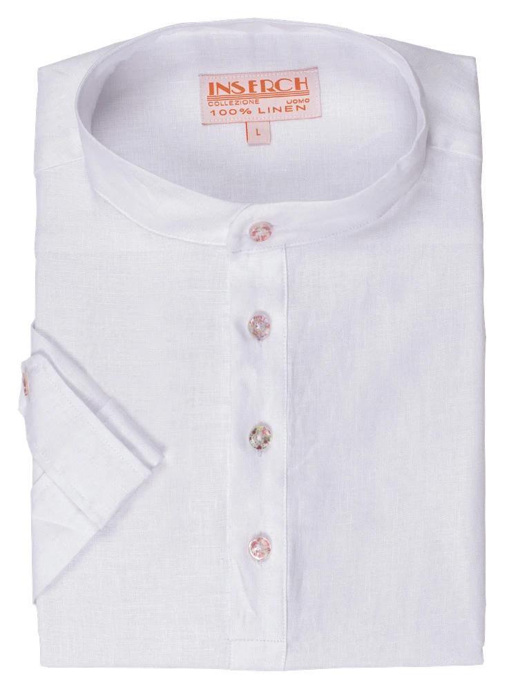 Men's White Linen Banded Collar Pop Over Shirt by Inserch - Breathable Summer Casual Shirt for Beach, Vacation & Outdoor Activities