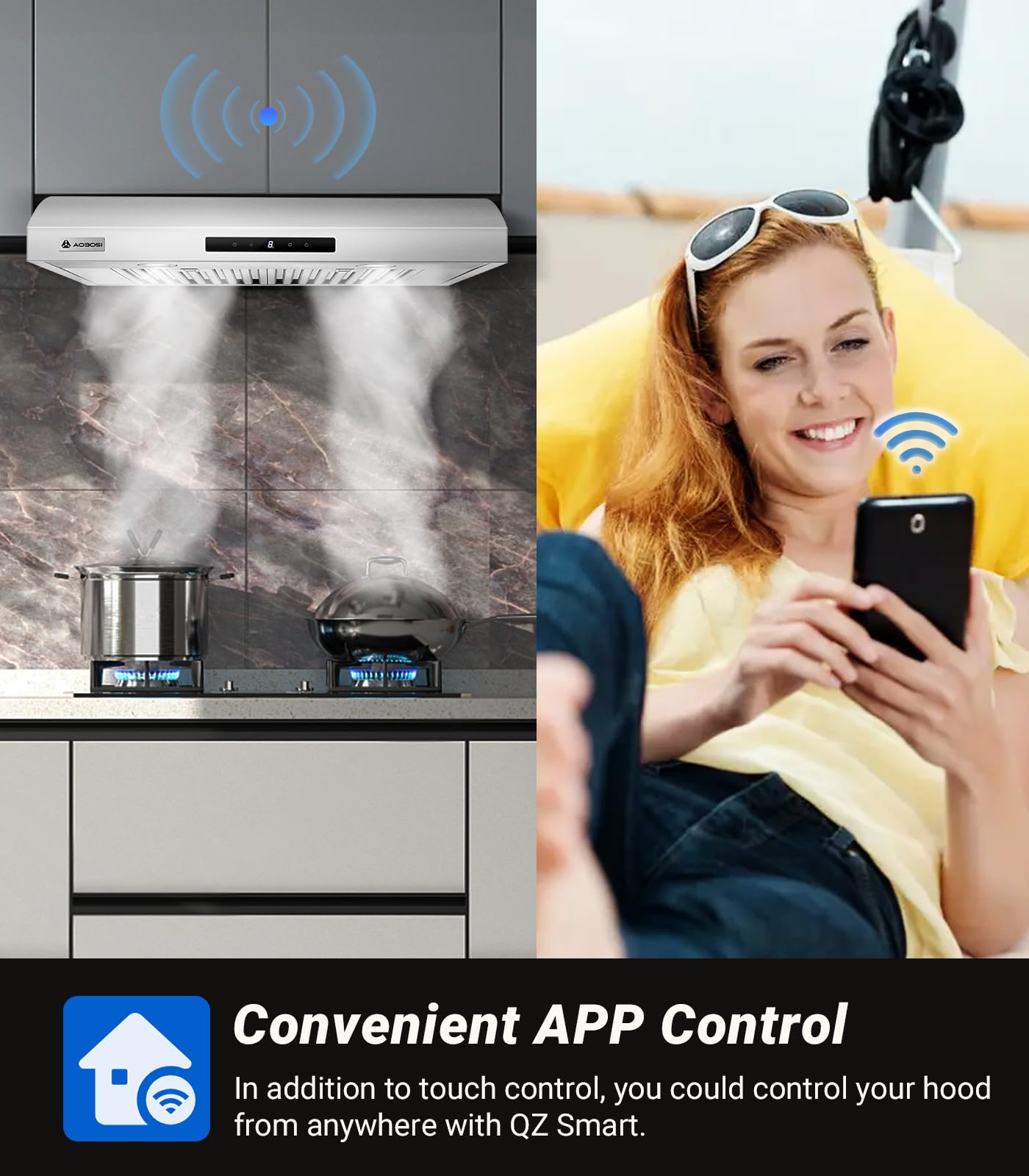 AAOBOSI 30 Inch Under Cabinet Range Hood with Wi-Fi - 3 Ventilation Modes, App & Touch Control, Ultra Quiet Operation, 3-Speed Exhaust Fan, LED Lights & Baffle Filters - Perfect for Modern Kitchens & Open-Concept Homes