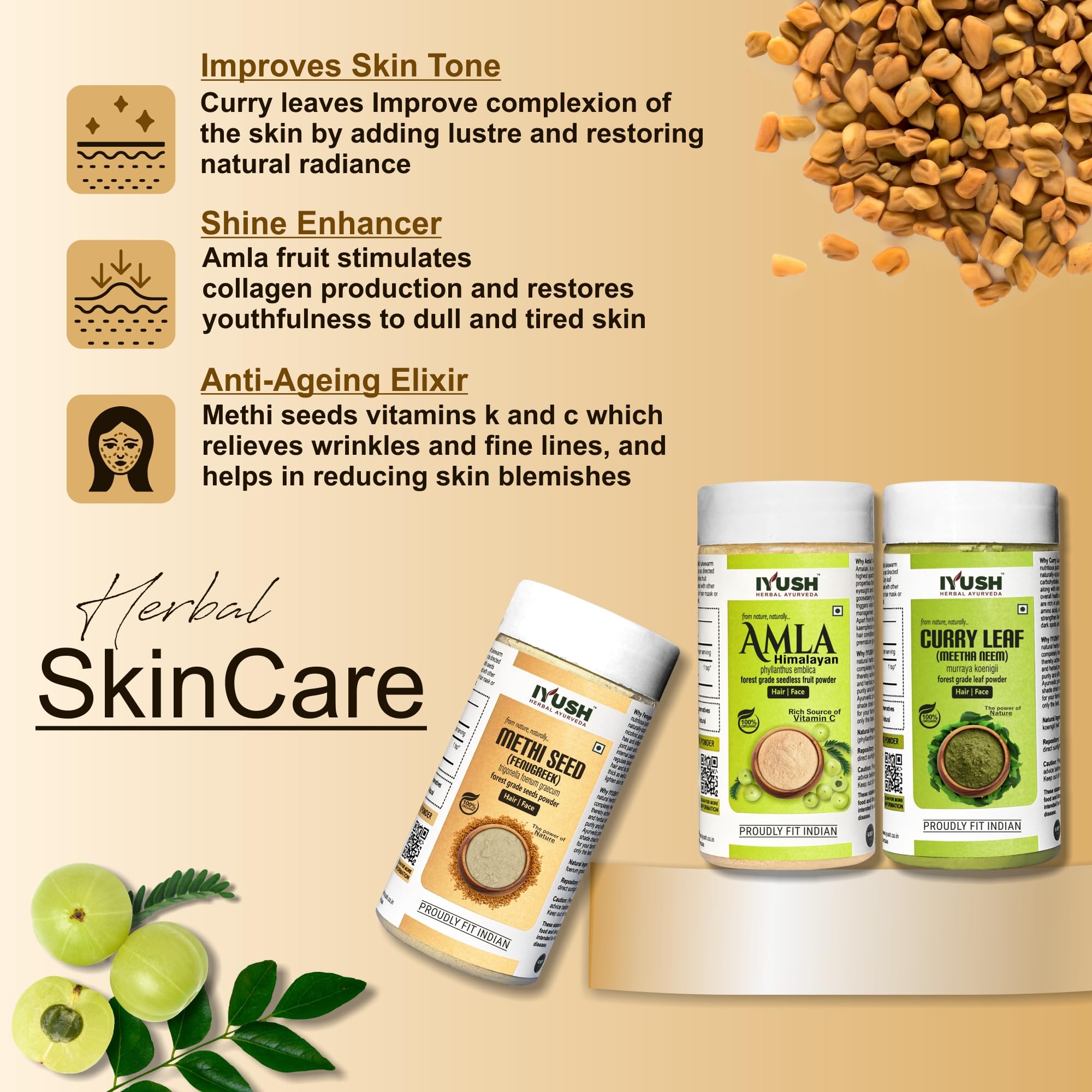 Organic Ayurvedic Amla Powder with Curry Leaves & Fenugreek Powder for Hair Growth – 300g | Natural Hair Mask for Dry, Frizzy Hair & Scalp Care | Volumizing Treatment | Skin & Hair Wellness | Perfect for DIY Hair Masks & Ayurvedic Beauty Routines