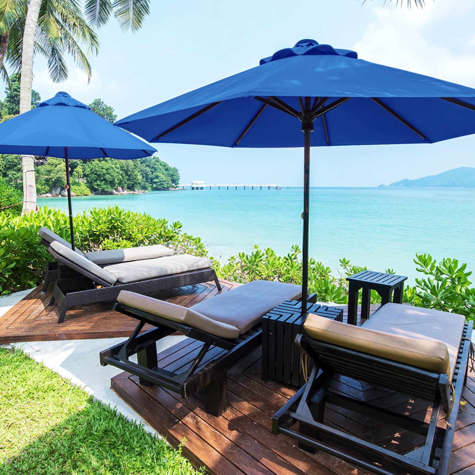 WUHNGD 10ft Replacement Canopy for Patio Umbrella - 8 Ribs Outdoor Umbrella Top Cover, Tan & Navy Blue (Canopy Only) - Perfect for Market Tables, Deck Chairs, and Backyard Lounging