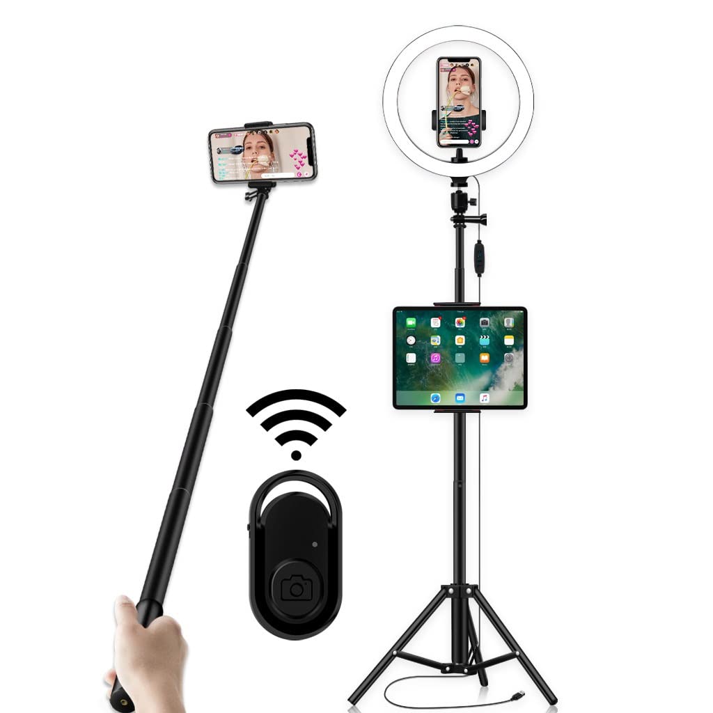 Professional Selfie Ring Light with Tablet & Phone Holder - Dimmable LED Light Ring with Stand & Remote - Bi-Color 3000K–6000K, CRI90+ - Perfect for Makeup, Live Streaming, Vlogging, TikTok Videos & Video Conferencing