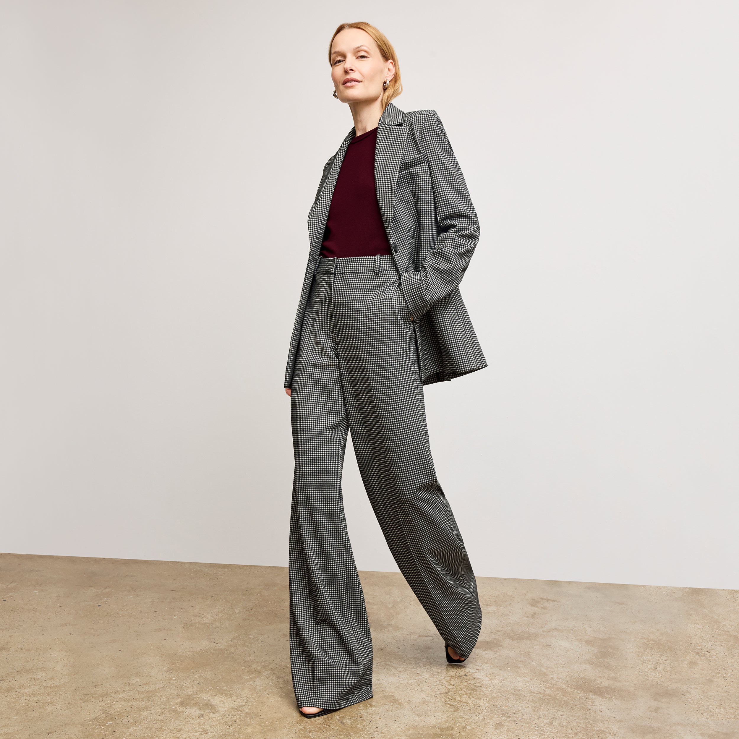 Tinsley Wide Leg Pants for Women - Soft Knit Suiting Fabric with Classic Check Pattern | Office Wear & Casual Outfits