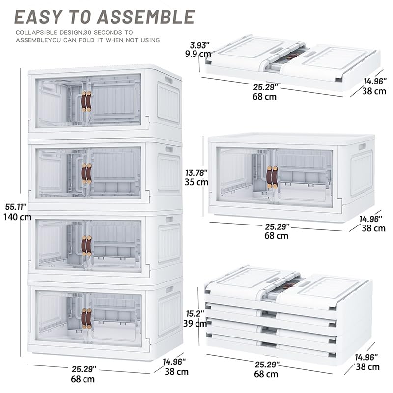 Nafenai 23 Gallon Collapsible Storage Bins with Lids & Wheels - 4 Pack White Plastic Stackable Organizer Bins for Closet, Home & Office - Perfect for Seasonal Storage, Moving & Space Saving Organization