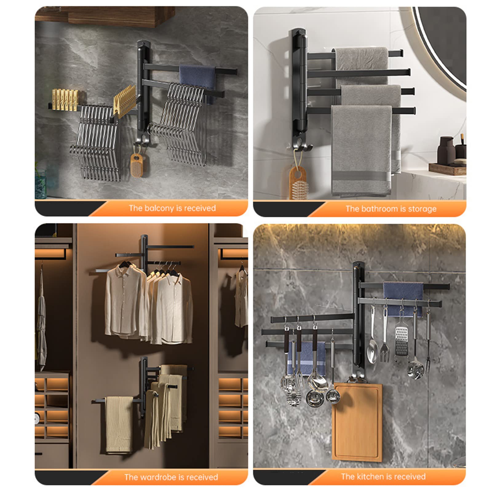 15.5 Inch Swivel Towel Rack - 4 Arm Wall Mount Space Saving Bathroom Organizer with 180° Rotation | Aviation Aluminum Towel Holder for Bathroom, Kitchen & Laundry Room Organization