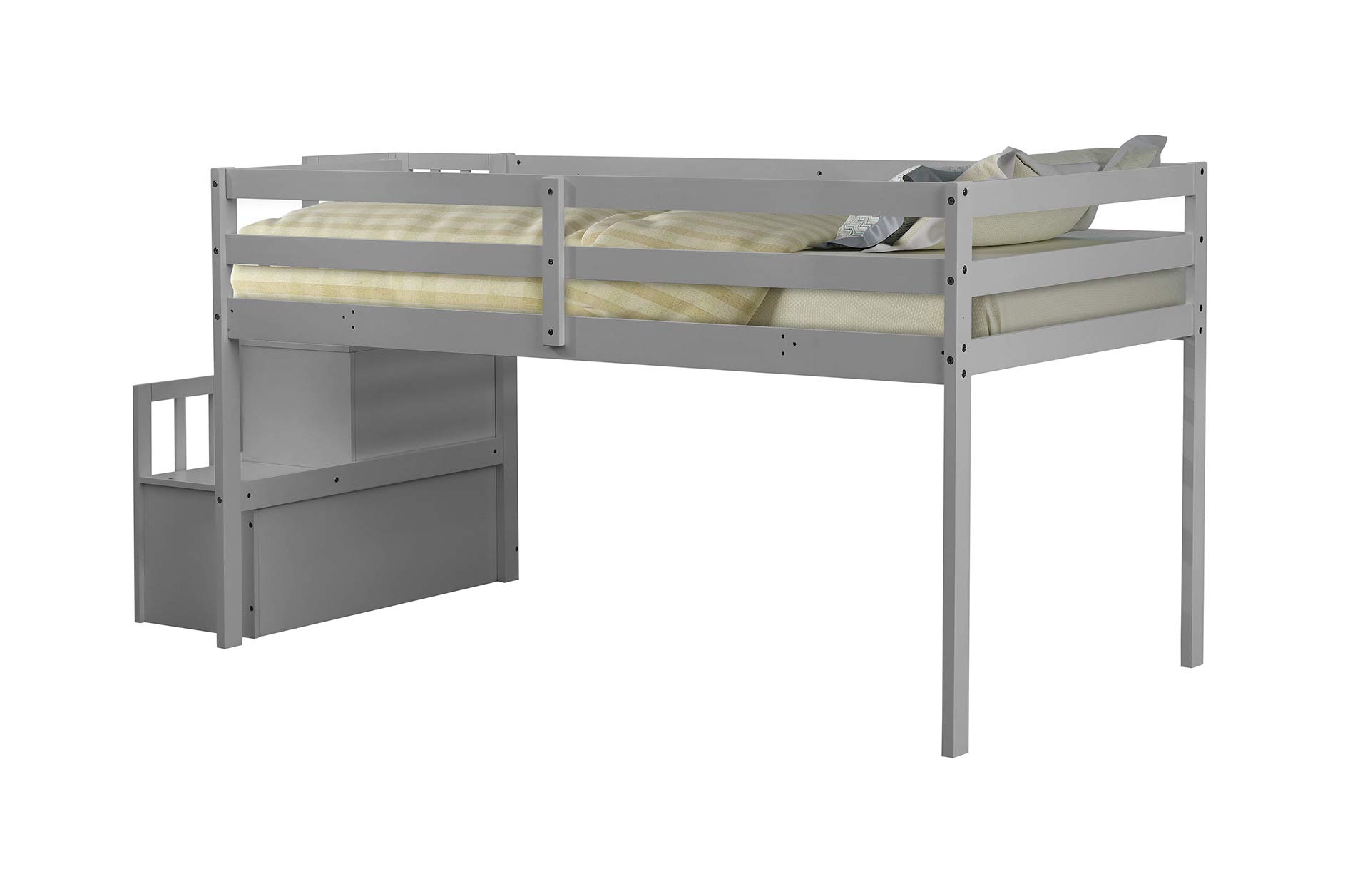 **Low Loft Twin Bed with Staircase & Storage - Wooden Loft Bed Frame with Safety Rails - Space-Saving Kids & Toddler Bed for Small Rooms - Perfect for Dorms, Apartments & Bedrooms (Gray)**