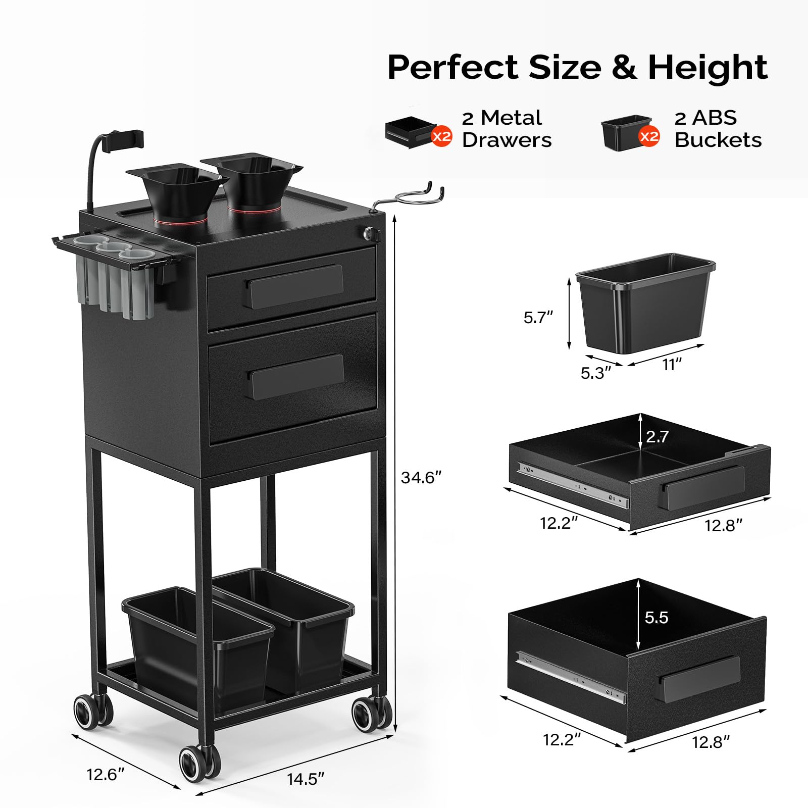 OmySalon Professional Metal Salon Trolley Cart with 2 Lockable Drawers & Magnetic Bowls - Mobile Hair Stylist Station for Barber Shops, Hairdressing & Tattoo Equipment - Perfect for Salon Organization, Styling Tools Storage & On-the-Go Hair Services