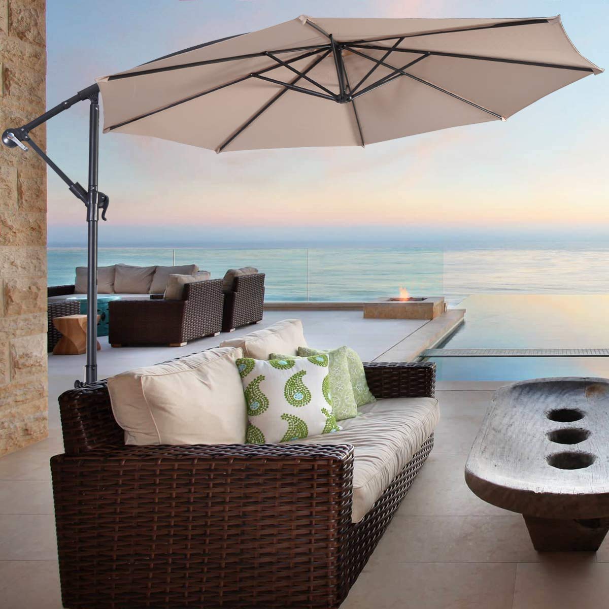 HAPPYGRILL 10ft Outdoor Patio Umbrella with Crank Tilt - Sun Shade Offset Umbrella for Table, Deck, Poolside & Backyard (Beige) - Perfect for Outdoor Dining, Lounging & Summer Relaxation