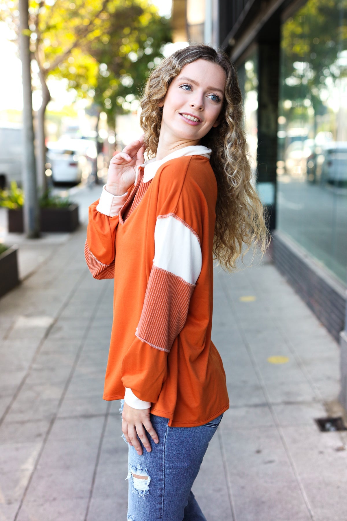 Falling For You Rust Color Block Collared French Terry Top | Women's Casual Long Sleeve Shirt | Perfect for Autumn Outfits, Coffee Dates & Weekend Errands