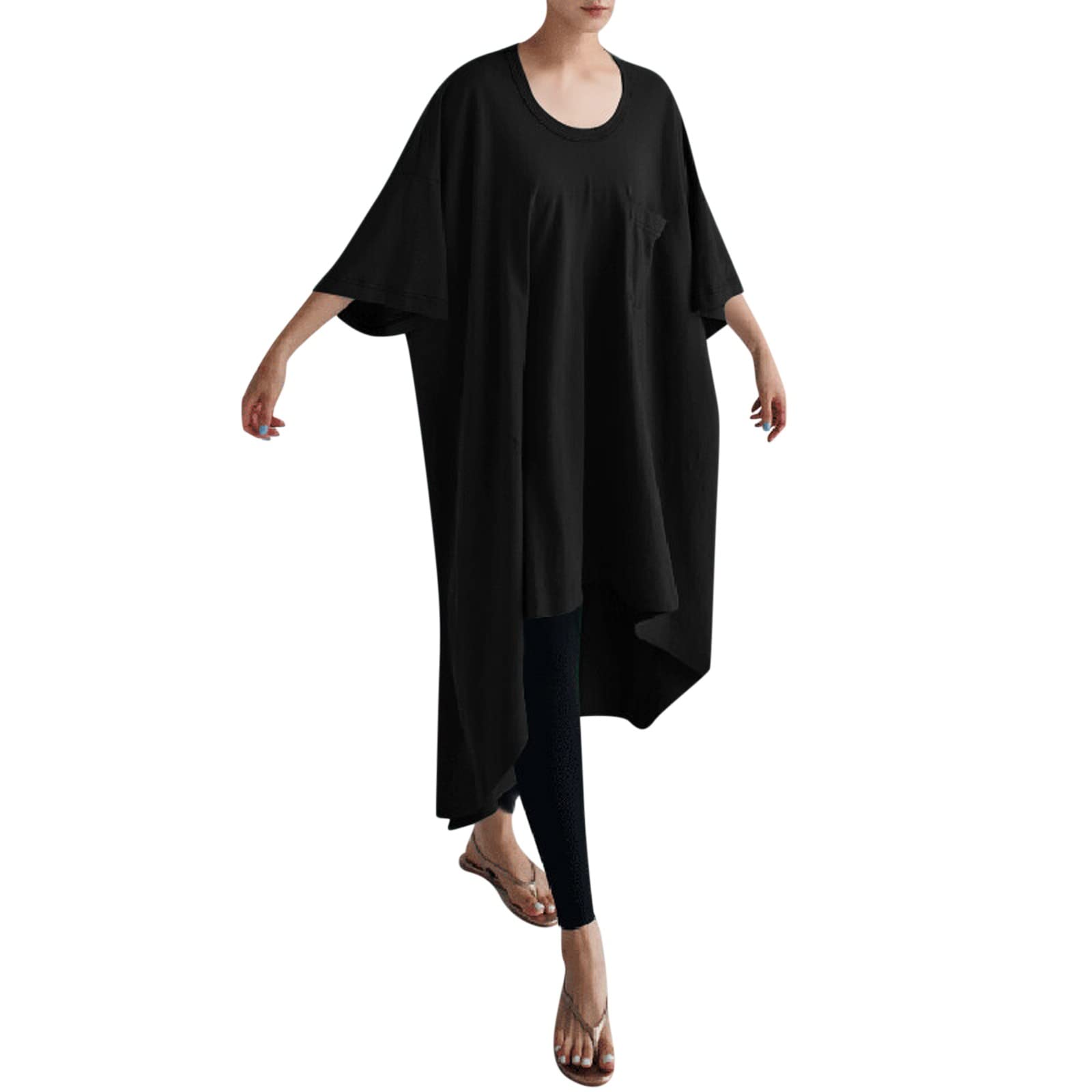Women's Long Sleeve Cotton Blend Shirt - Casual Solid Crew Neck Pocket Blouse with Irregular Hem - Perfect for Work, Office, and Everyday Wear