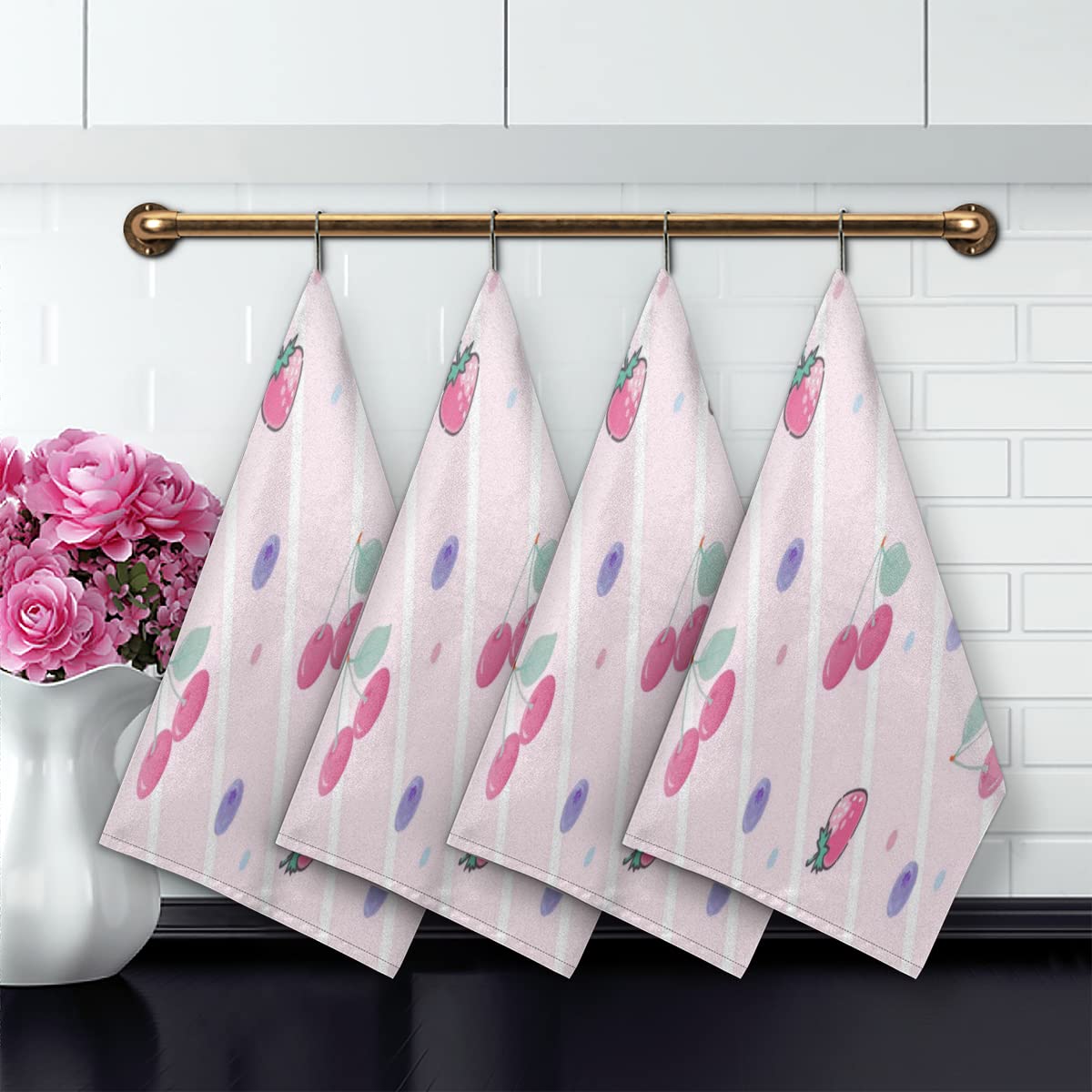 AUUXVA Set of 2 Strawberry Cherry Stripe Kitchen Dish Towels - Super Absorbent Dishcloths & Tea Towels with Hanging Loop - Perfect for Kitchen, Dining, Housewarming Gifts & New Home Decor (18x28 Inches)