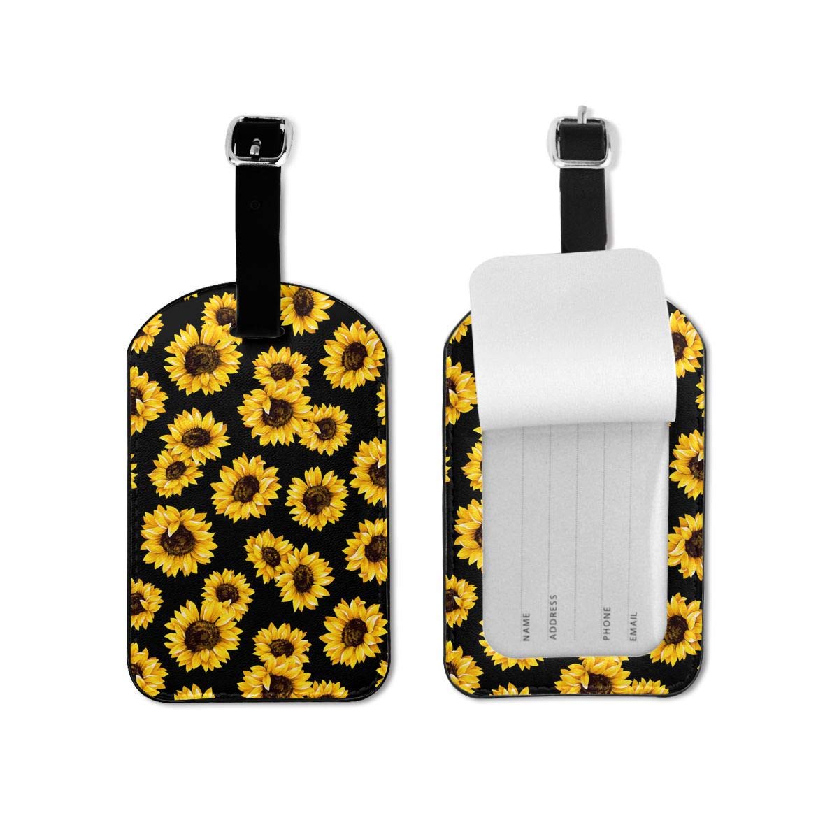 Stylish Golden Sunflower Leather Luggage Tag with Privacy Cover - Durable Suitcase Bag Tag for Checked Baggage, Travel Accessories (1 Piece) | Perfect for Airports, Vacations & Business Trips