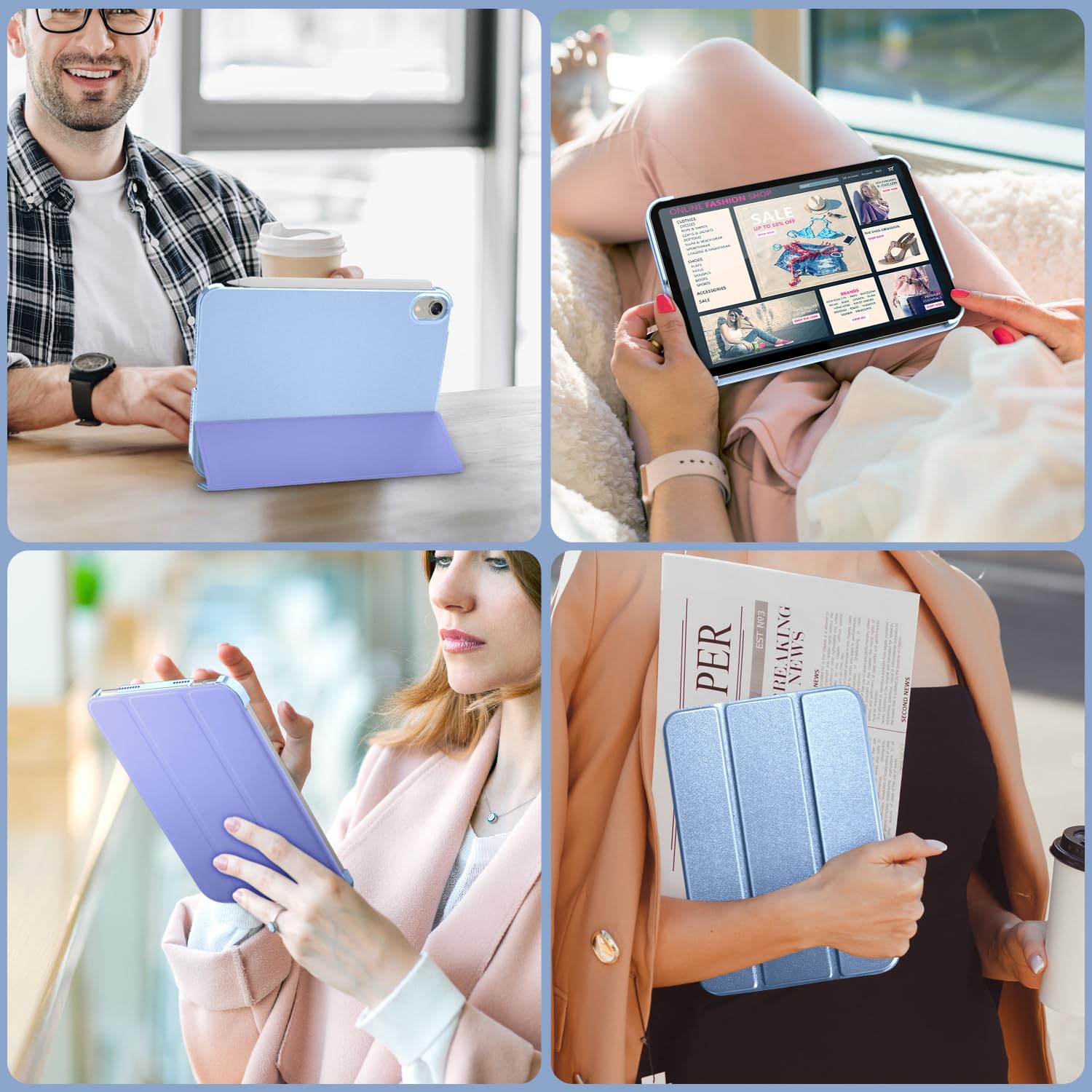 DTTO Premium Silk Pattern Slim Trifold Stand Hard Cover Case for iPad Mini 7 (A17 Pro) 2024 & iPad Mini 6 2021 8.3 Inch | Auto Wake/Sleep | Touch ID Support | Snow Blue | Perfect for Work, Travel & Home Use