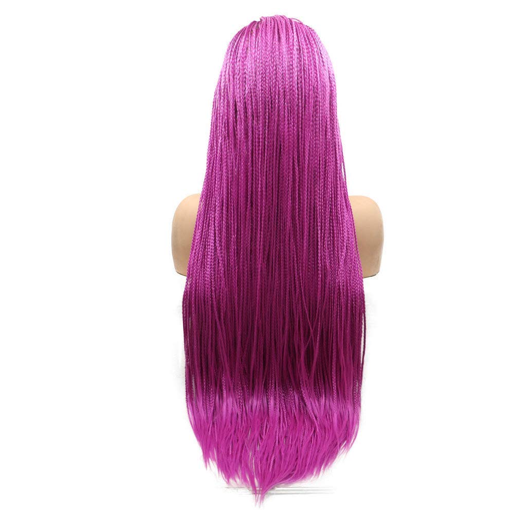 Hot Purple Long Box Braided Wigs for Women - 28 Inch Micro Braided Lace Front Synthetic Wigs | Glueless Heat Resistant Fiber Hair for Cosplay, Halloween & Party Wear
