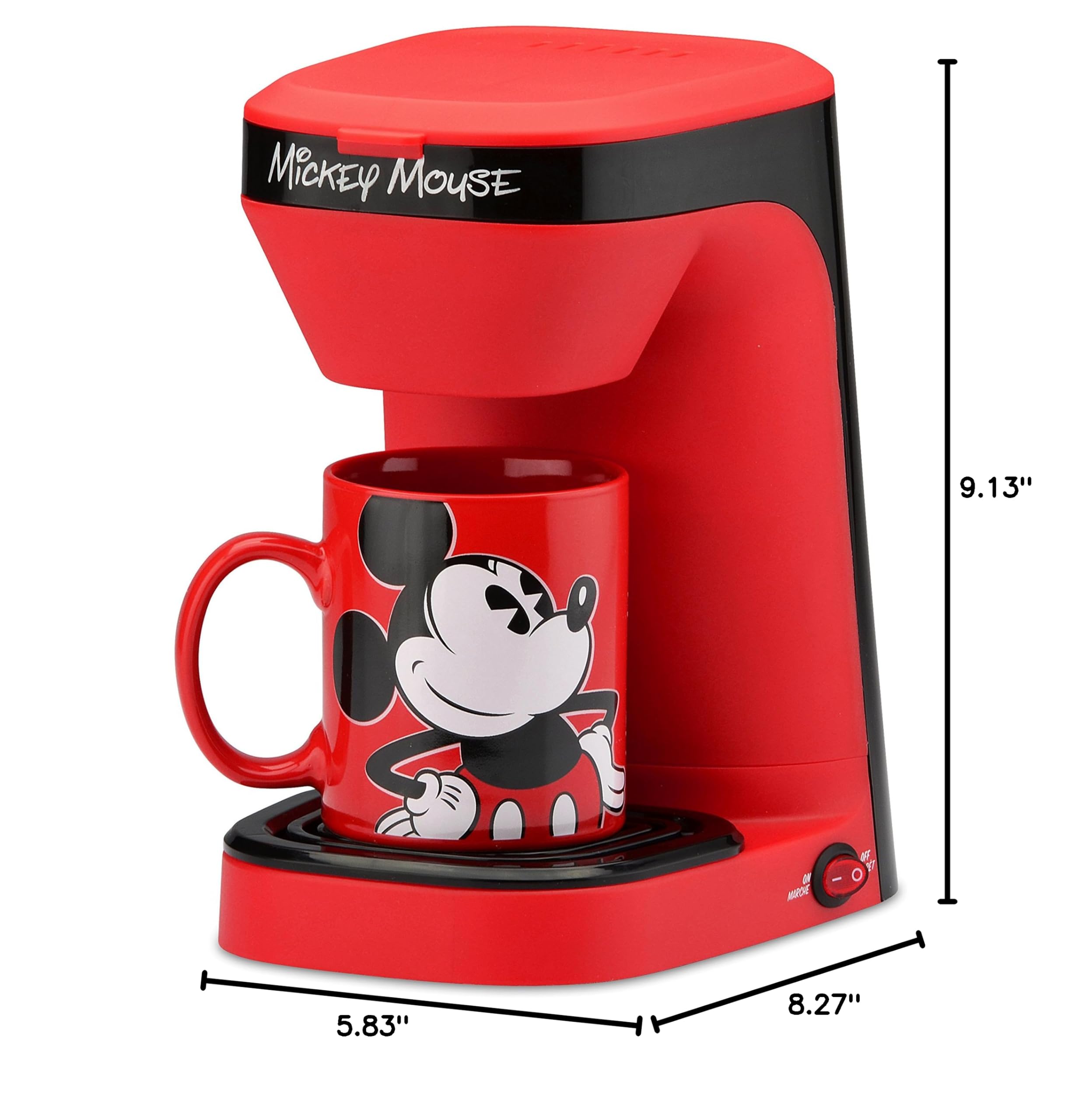 Disney Mickey Mouse 1-Cup Drip Coffee Maker with 12 Oz Mug - Compact Single Serve Coffee Machine - Perfect for Disney Fans, Office & Small Kitchens - Cute Red Mickey Mouse Kitchen Accessories Gift Set